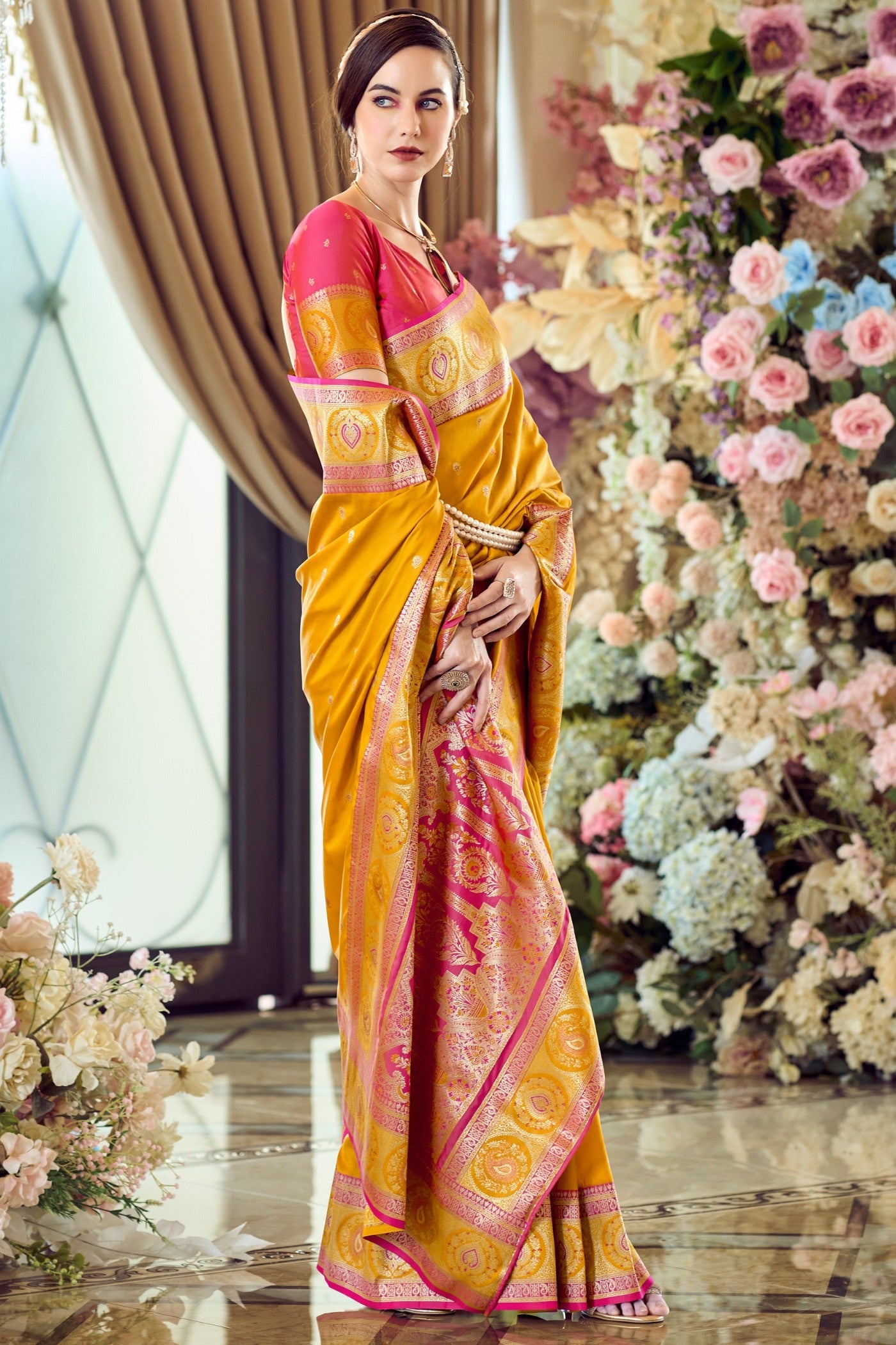 Fire Bush Yellow Woven Banarasi Soft Silk Saree