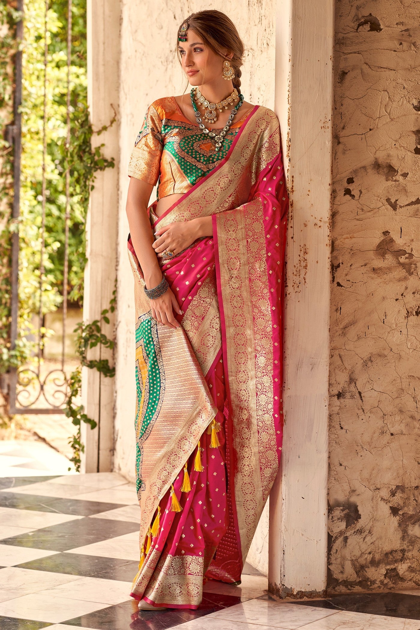 Jazberry Pink Woven Banarasi Soft Silk Saree