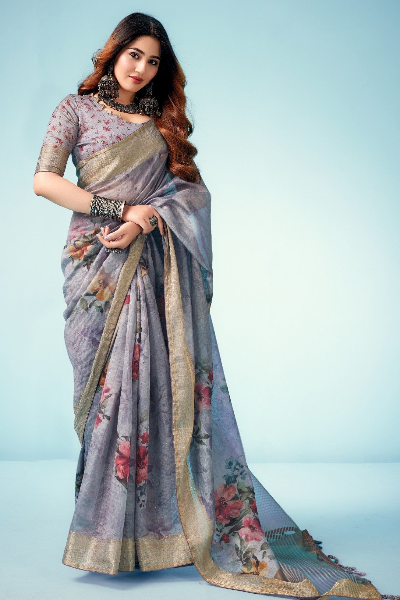 Chatelle Grey Floral Linen Saree