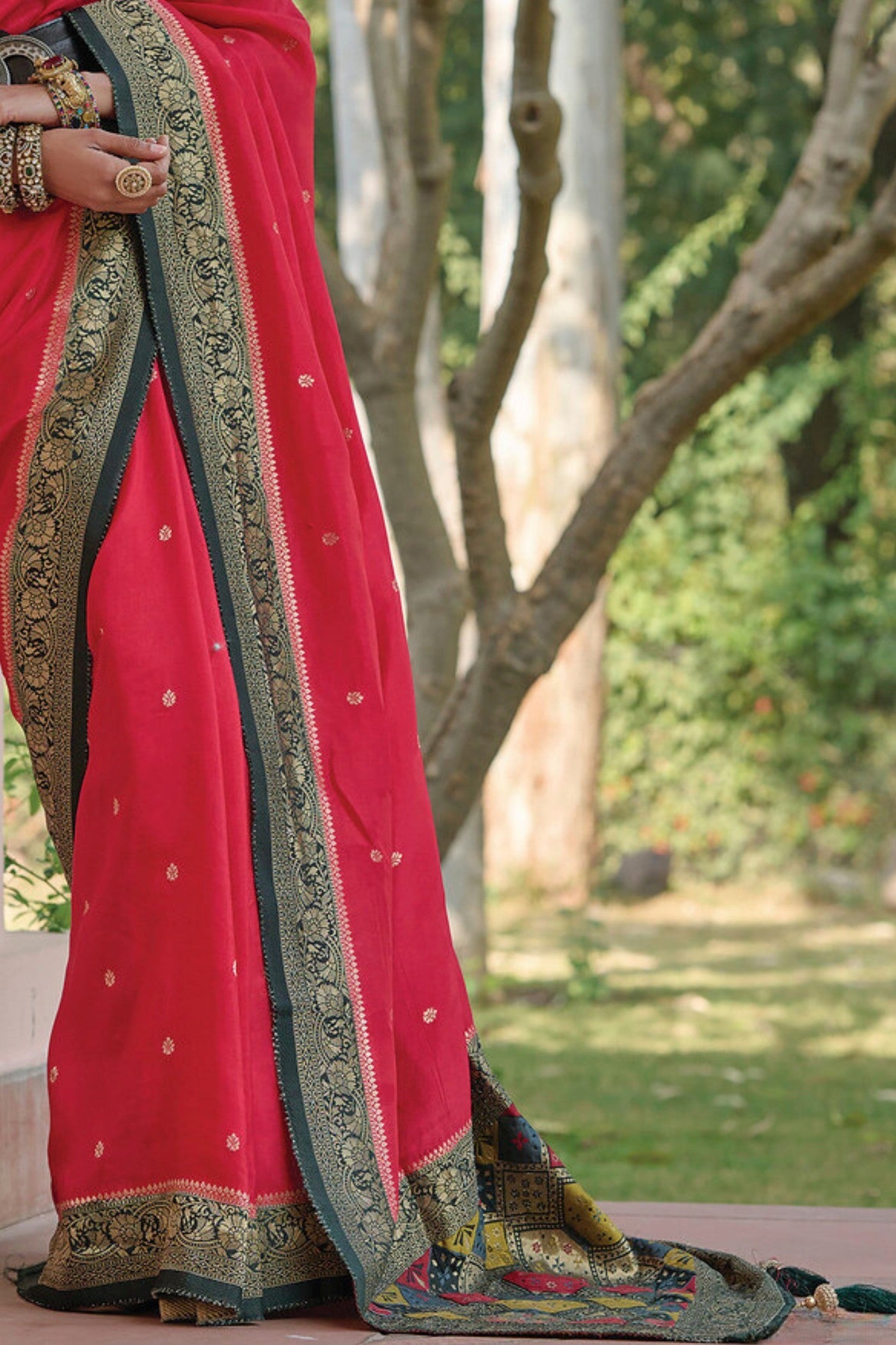 Brick Red and Green Banarasi Handloom Saree