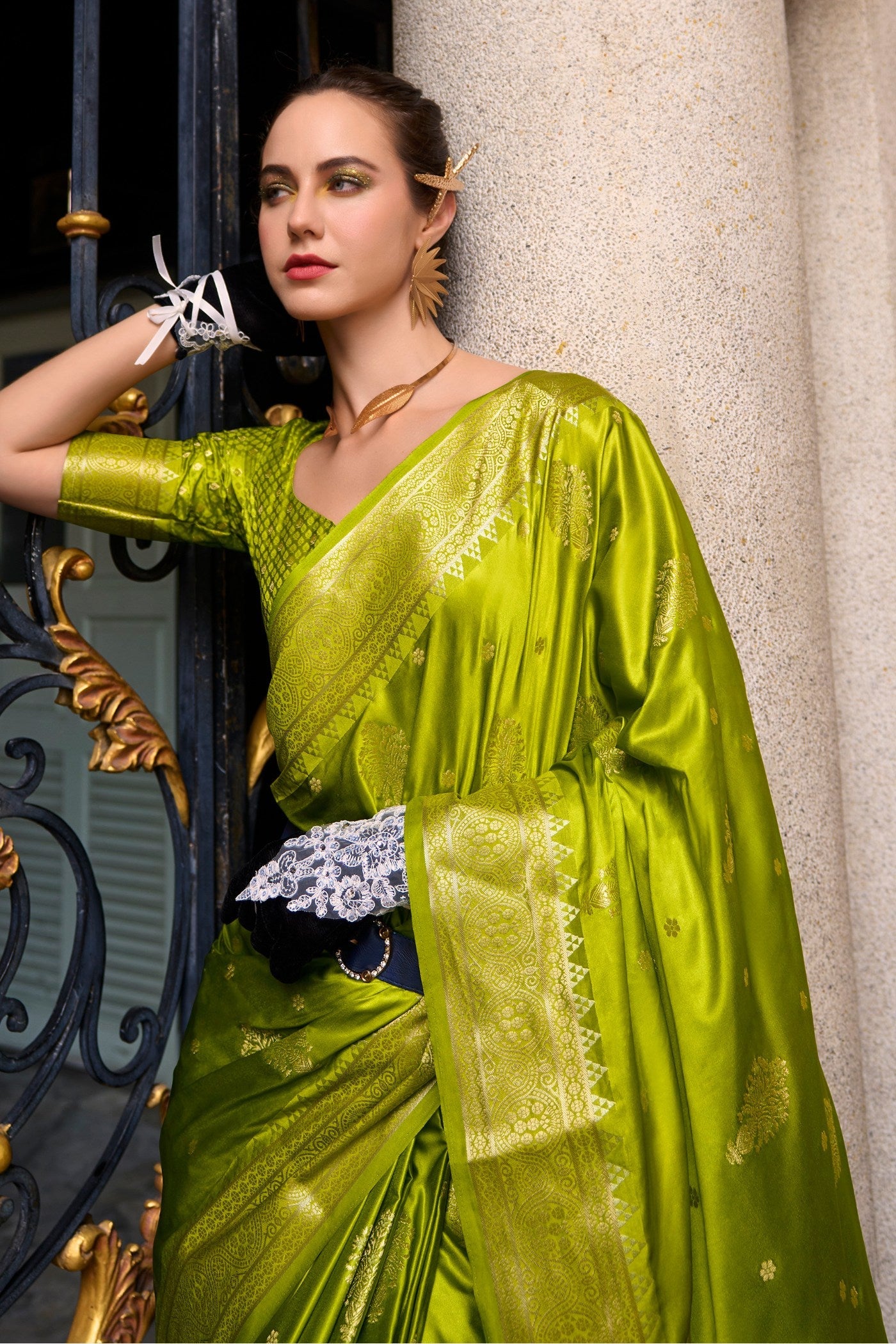 Sahara Green Handloom Satin Silk Saree