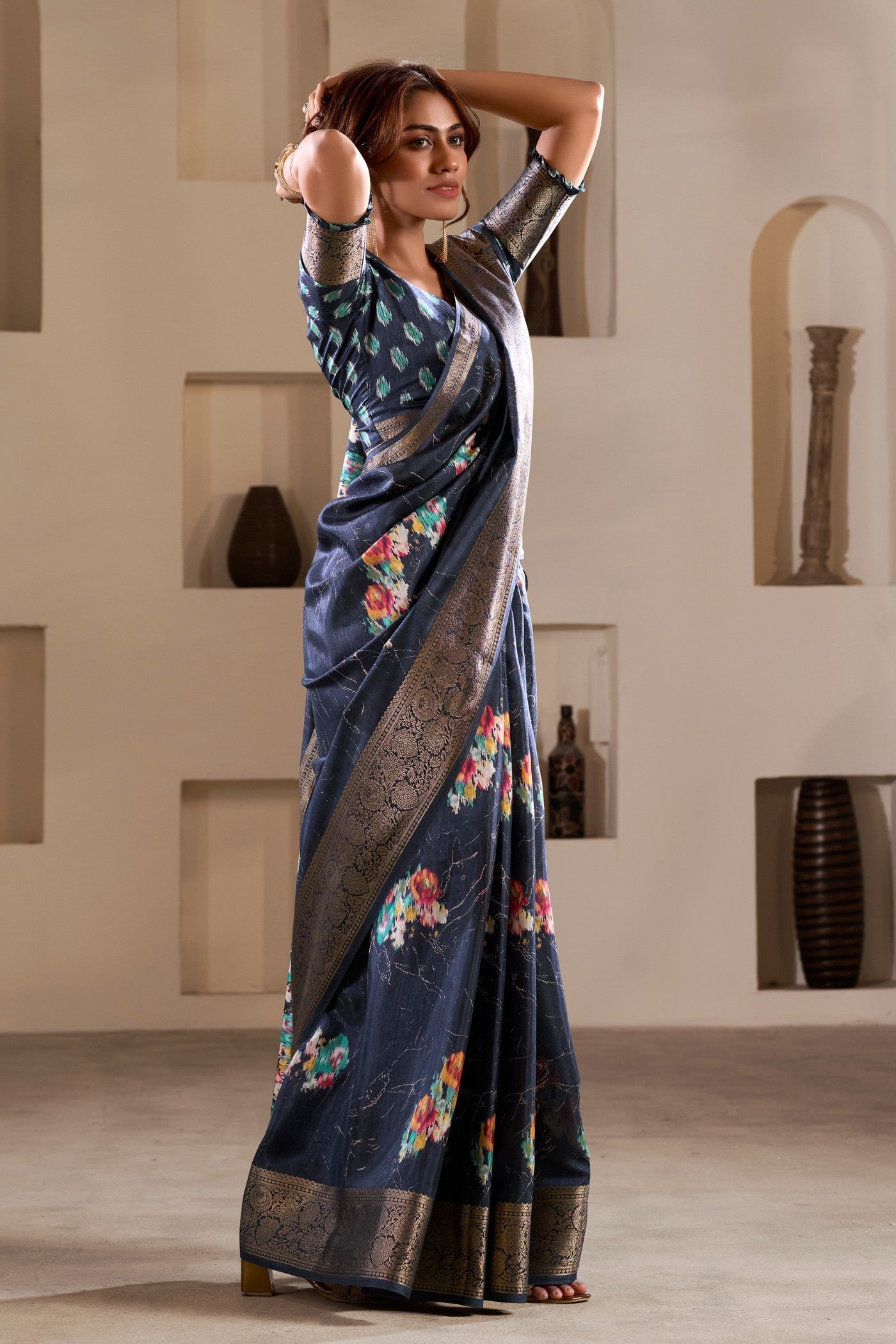 Nevada Blue Printed Soft Dola Silk Saree