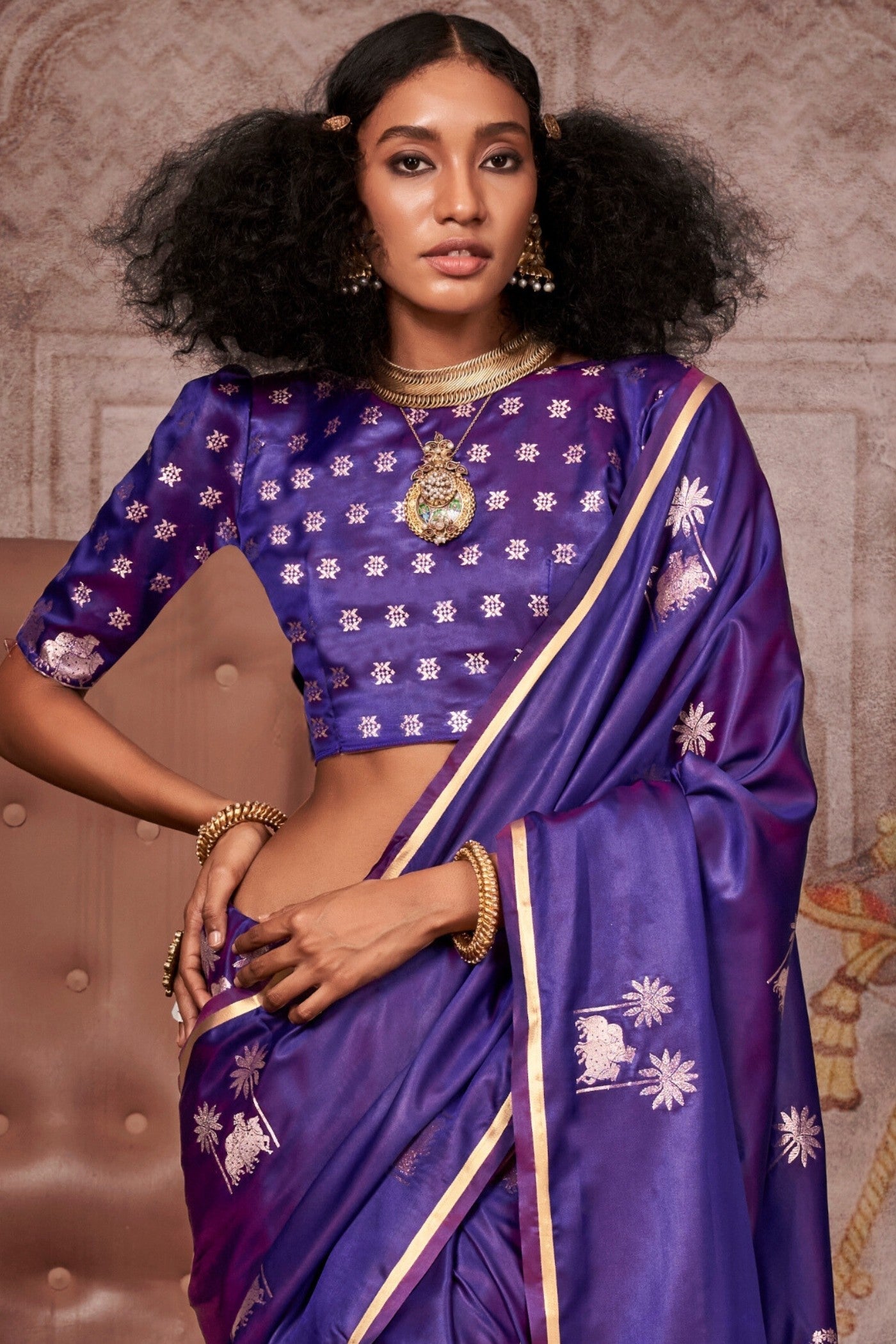 Violet Purple Banarasi Pichwai Satin Saree