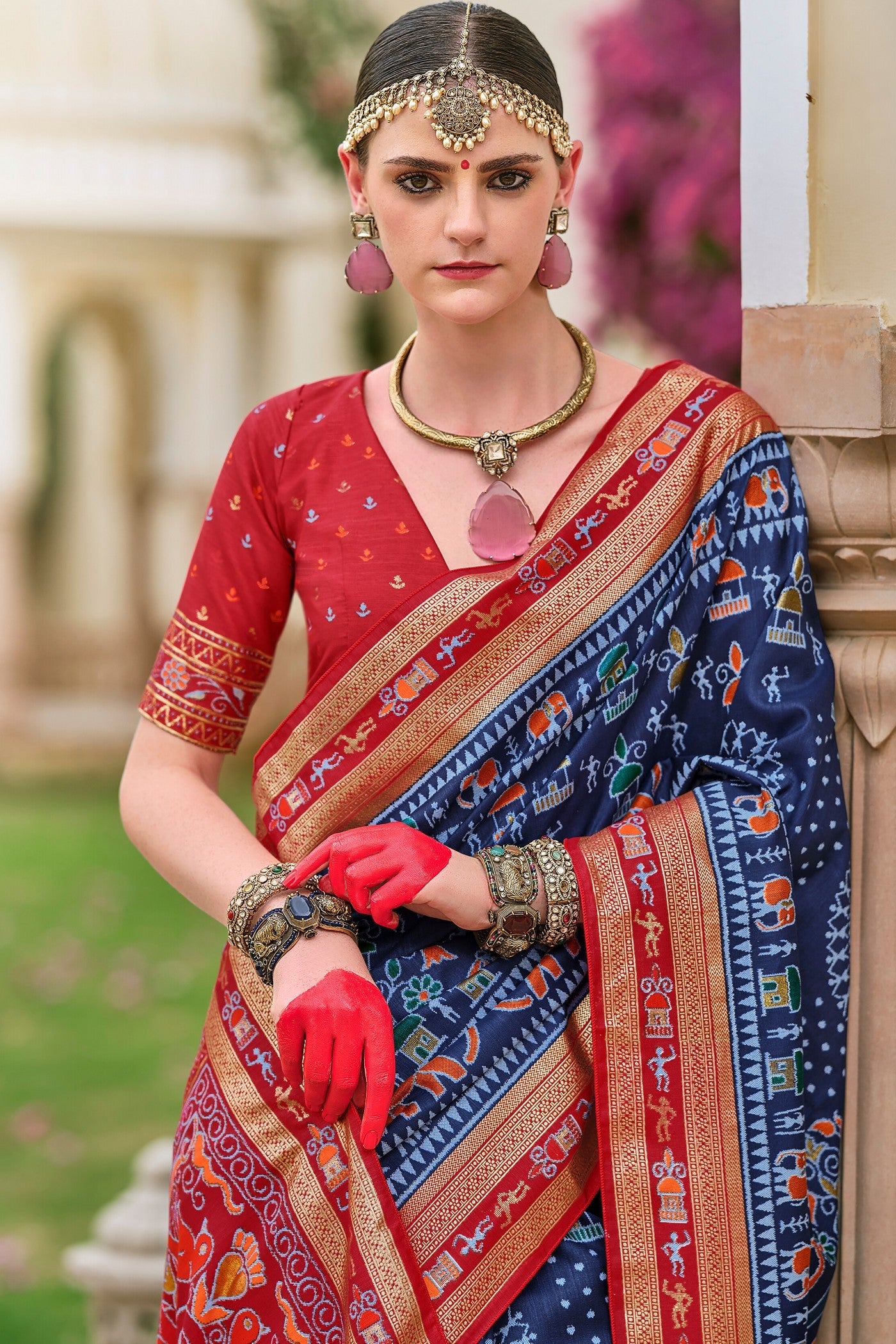 Oxford Blue and Red Printed Patola Saree