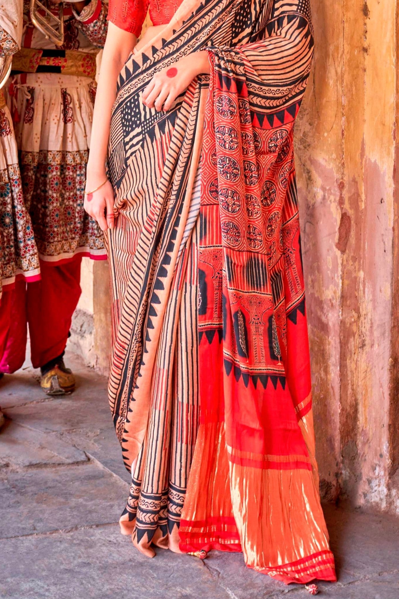 Tacao Peach Ajrakh Handprinted Satin Saree