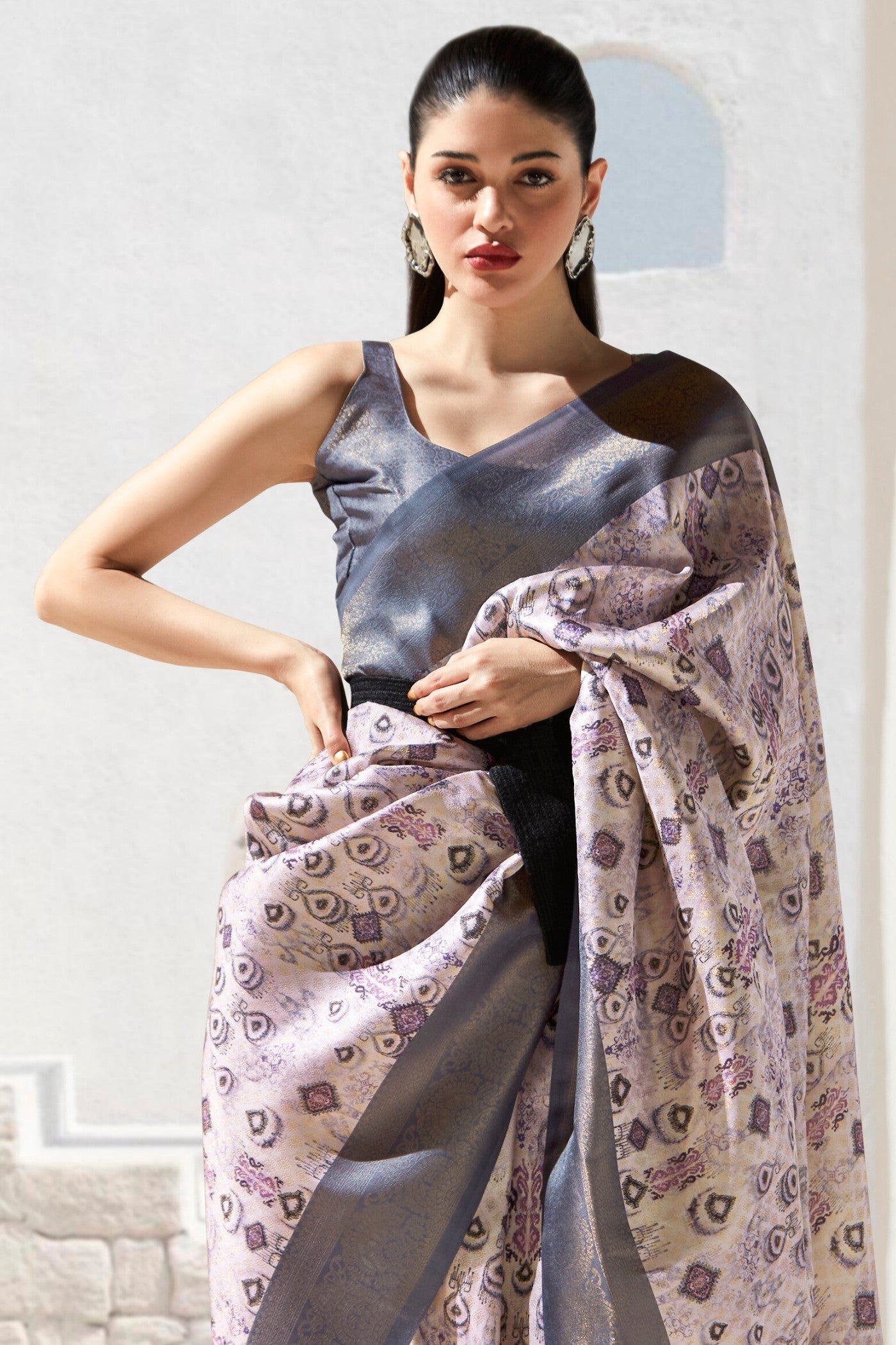 Hemp Cream and Grey Banarasi Digital Printed Saree