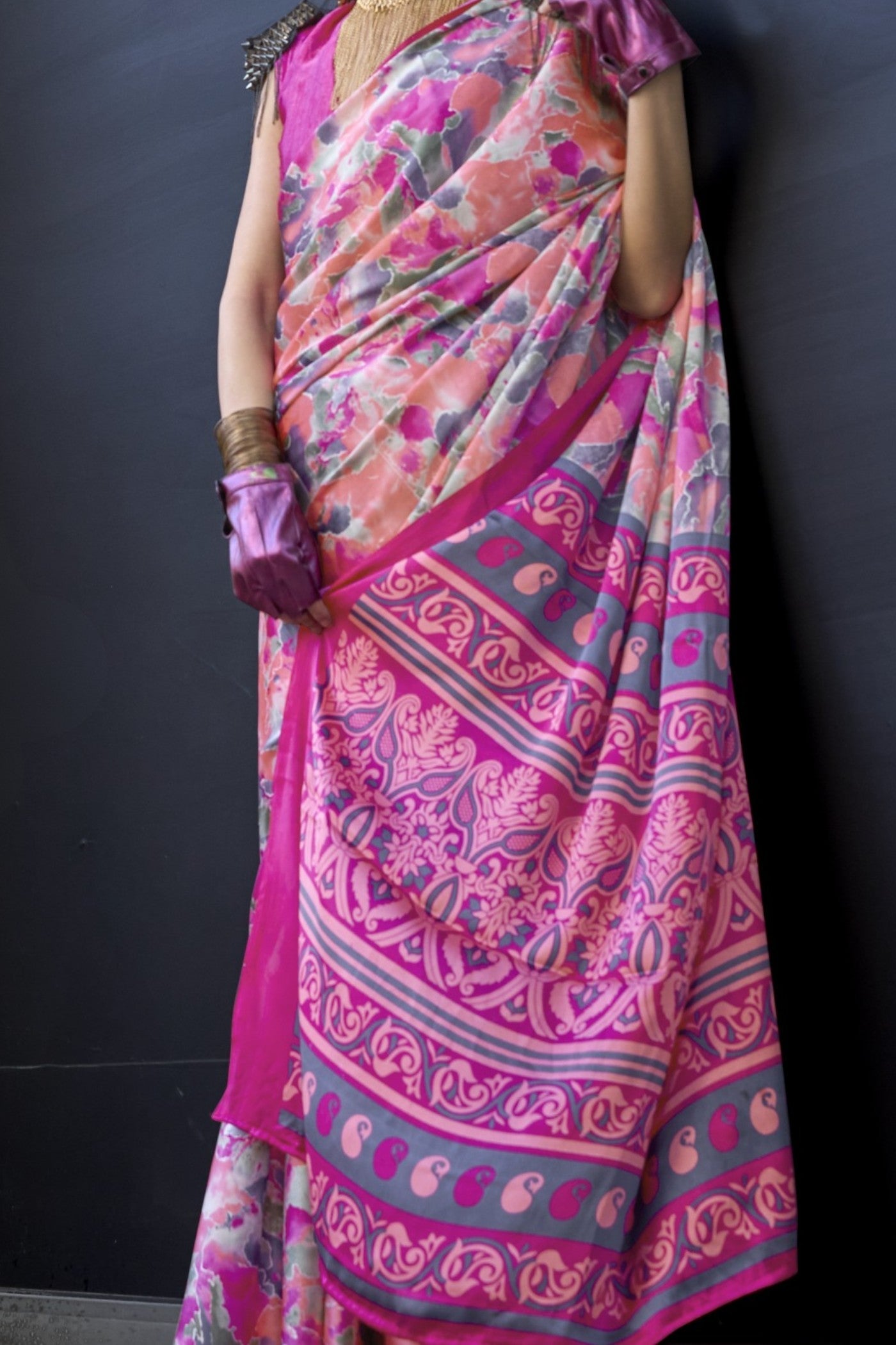 Punch Pink Printed Satin Crepe Silk Saree