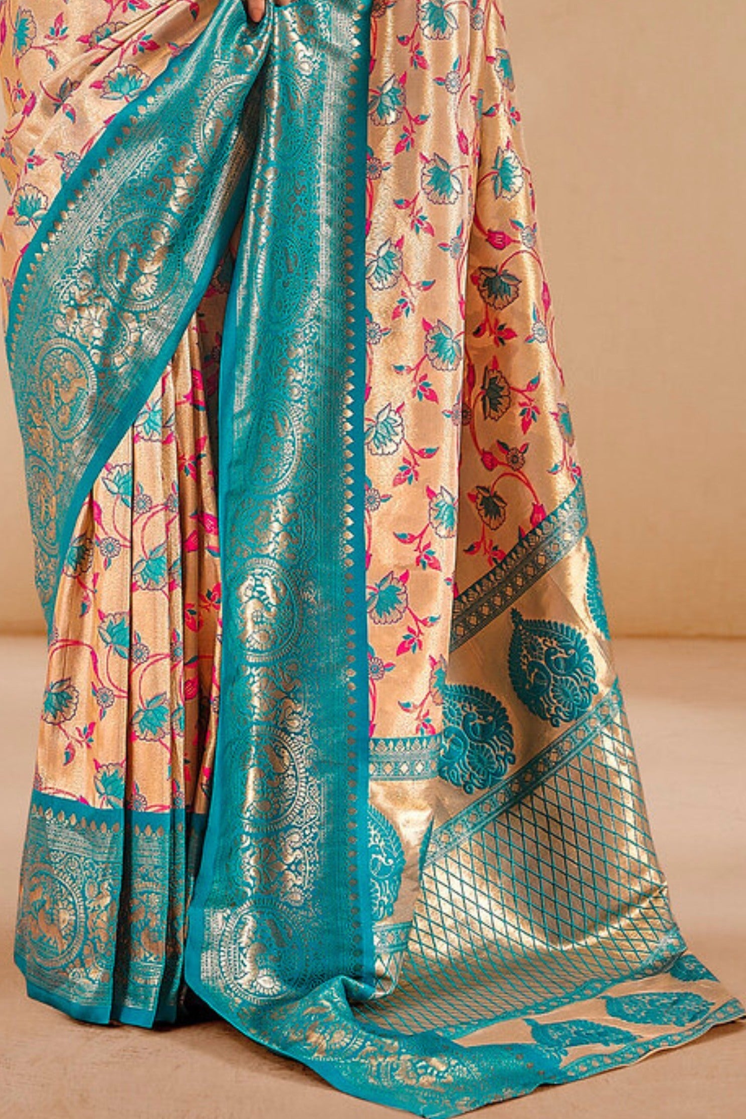 Sandy Beach Cream and Blue Zari Woven Banarasi Saree