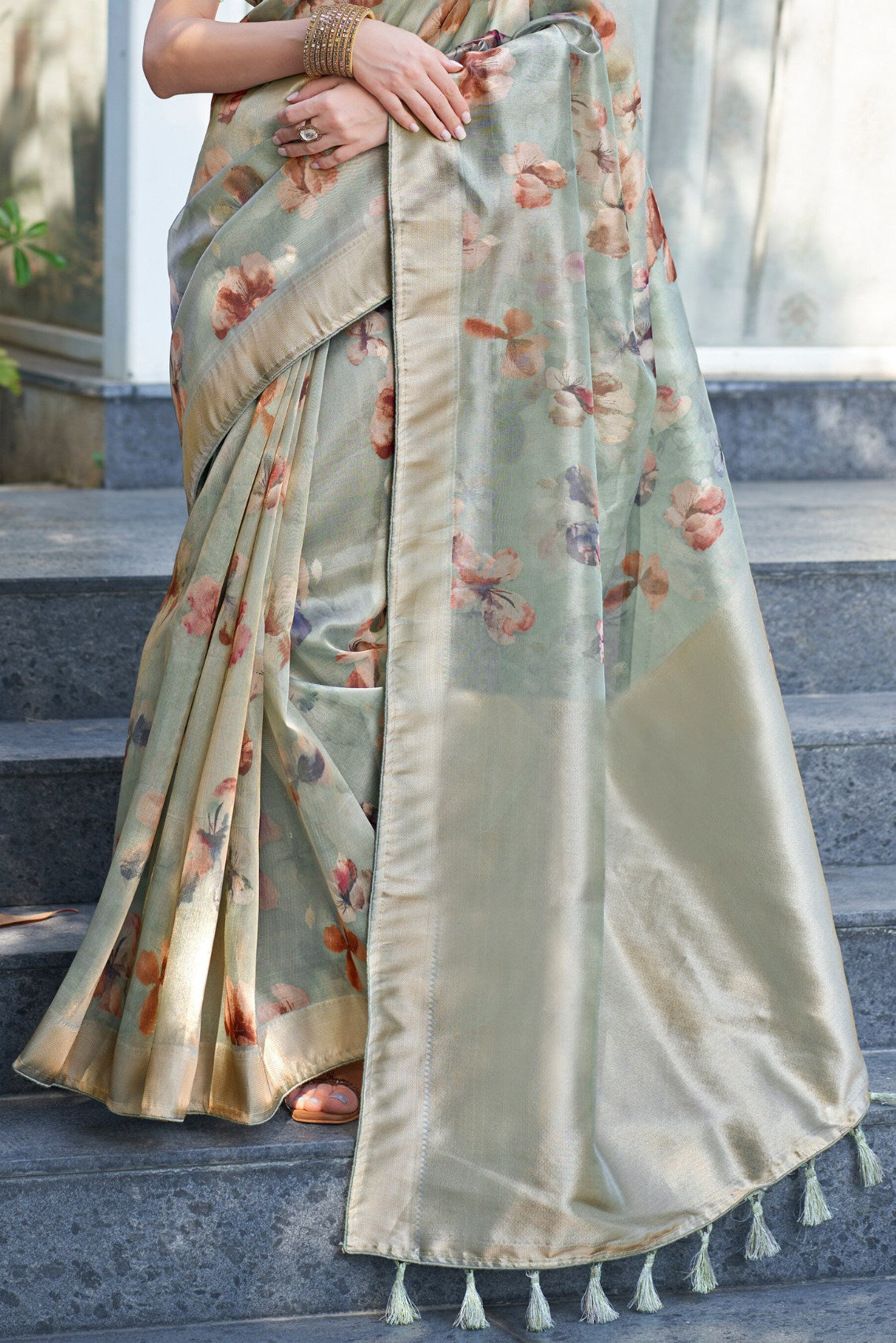 Pumice Grey Digital Printed Organza Saree