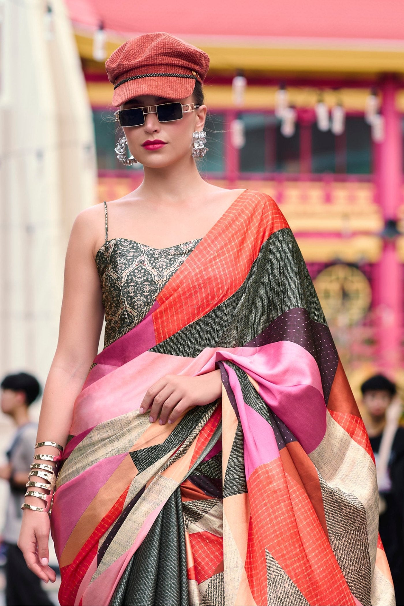 Green Multicolor Printed Satin Crepe Silk Saree