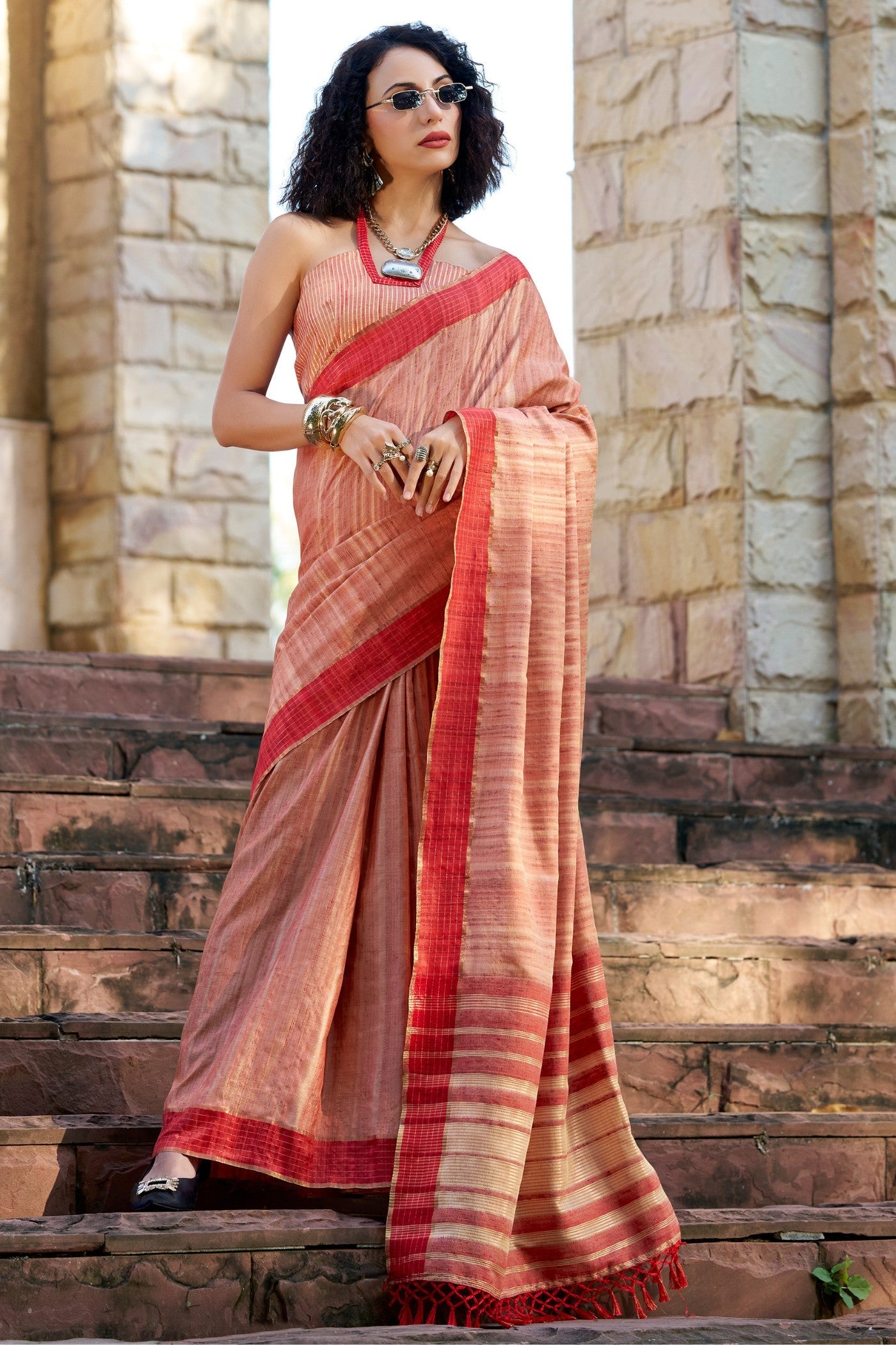 Burning Sand Peach Handloom Katan Saree