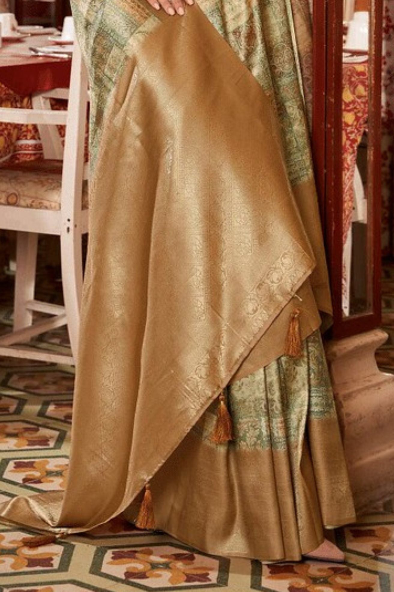 Tan Brown Banarasi Digital Printed Saree