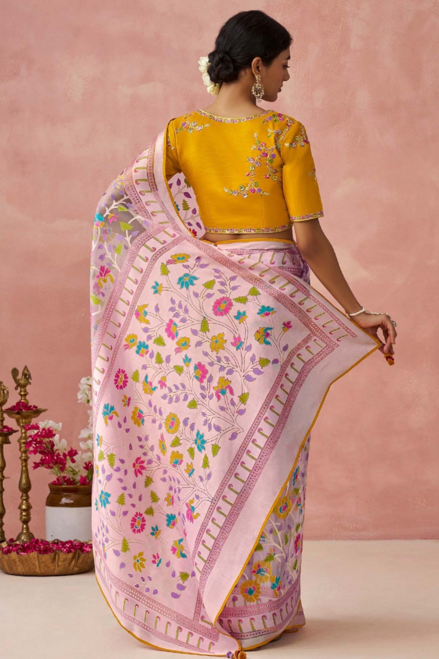 Quicksand Pink Brasso Organza Printed Saree