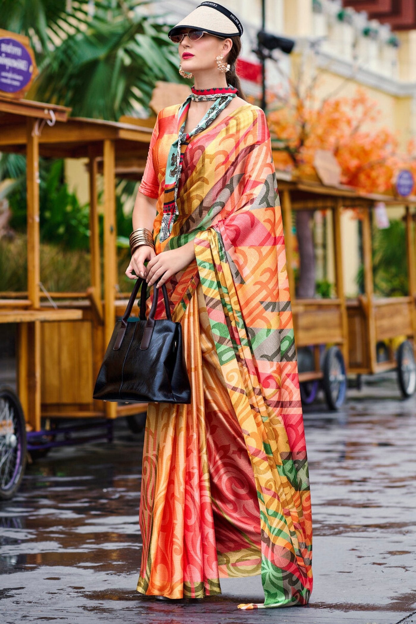 Terracotta Orange Printed Satin Crepe Silk Saree