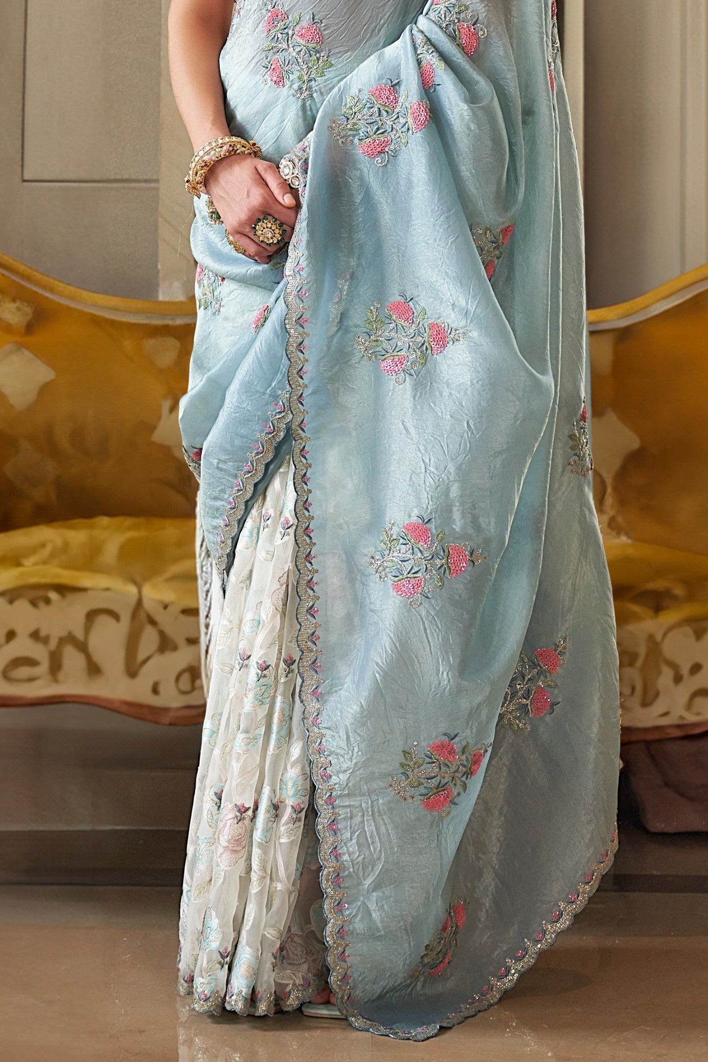 Gunsmoke Blue Tissue Designer Saree