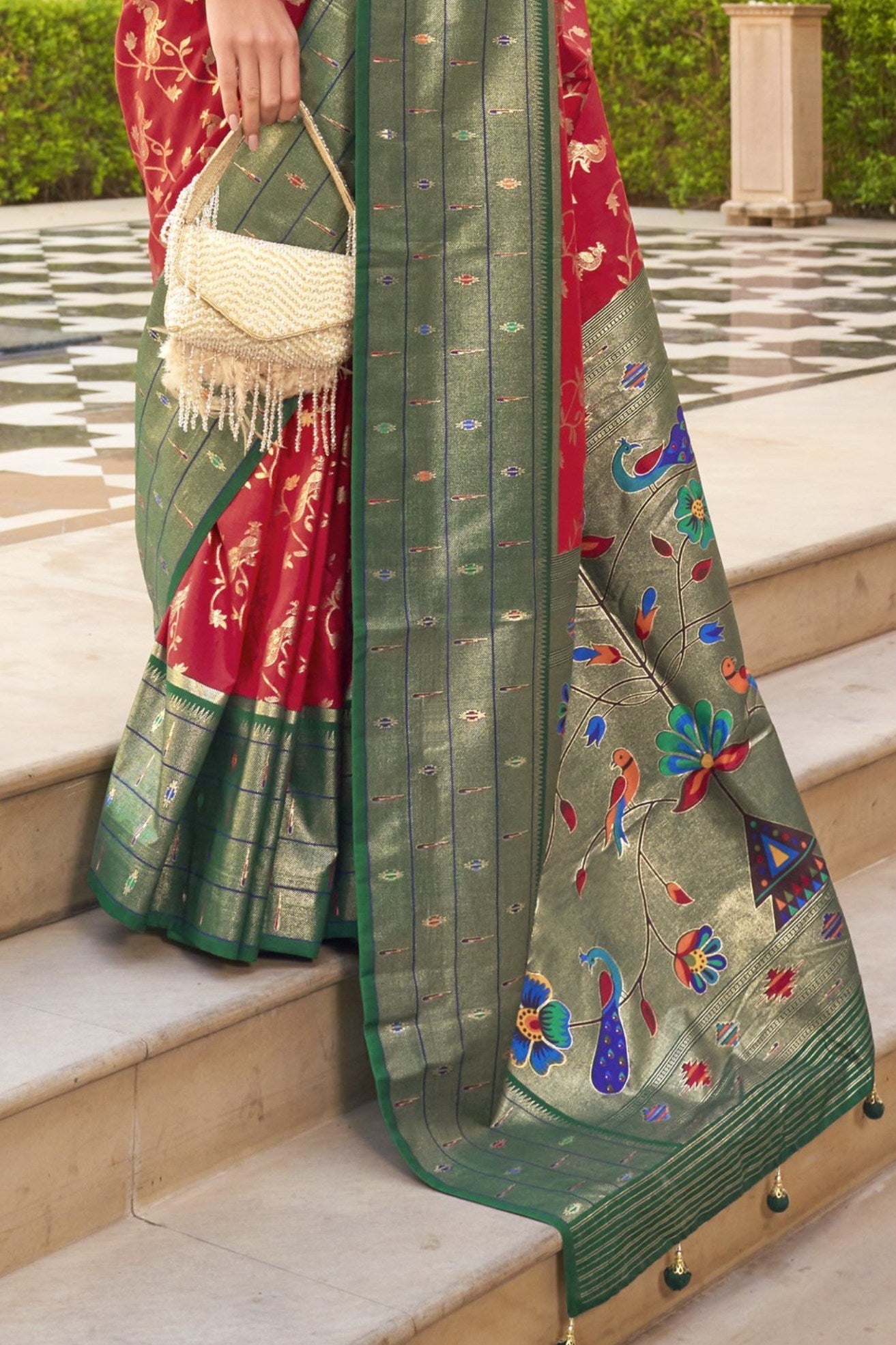 Fire Red and Green Woven Paithani Designer Saree