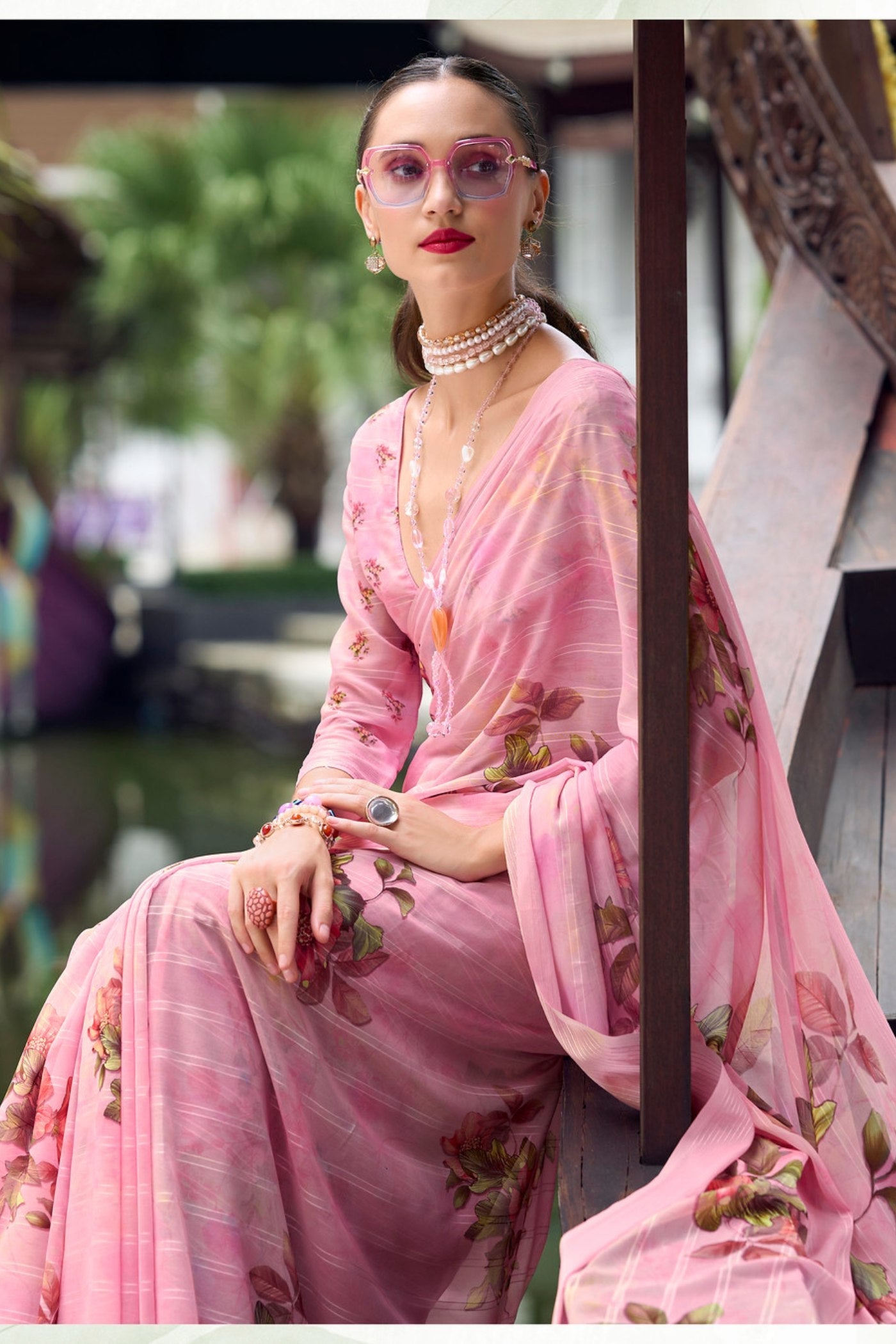 Rose Pink Chiffon Silk Saree