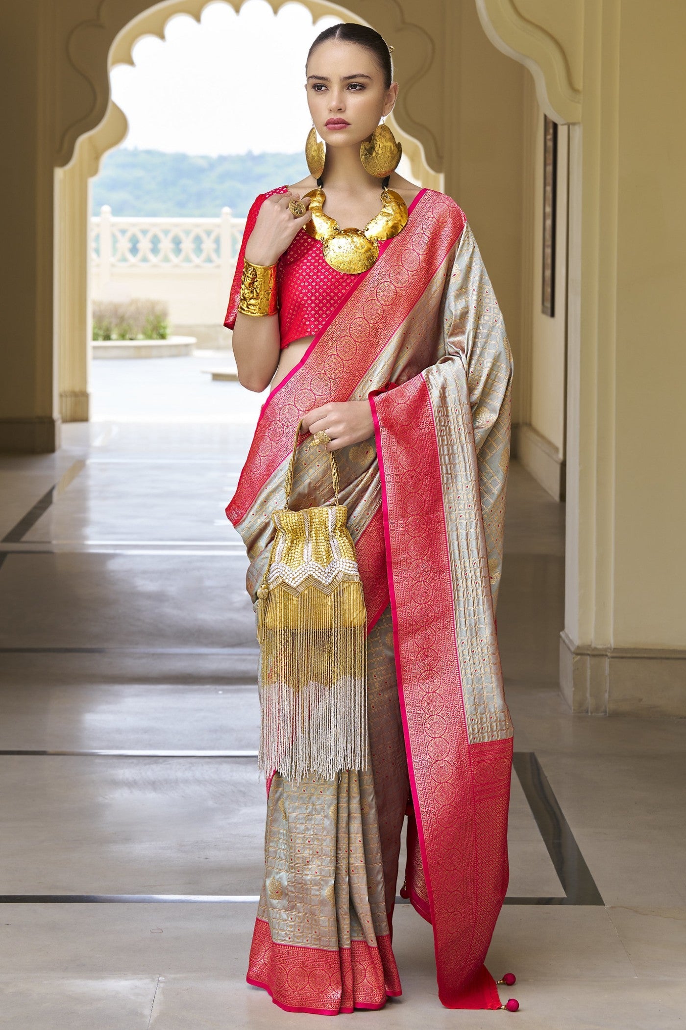 Silver Rust Grey Woven Kanjivaram Saree