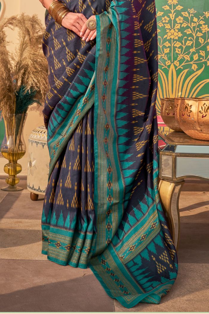 Berry Blue Printed Banarasi Soft Silk Saree