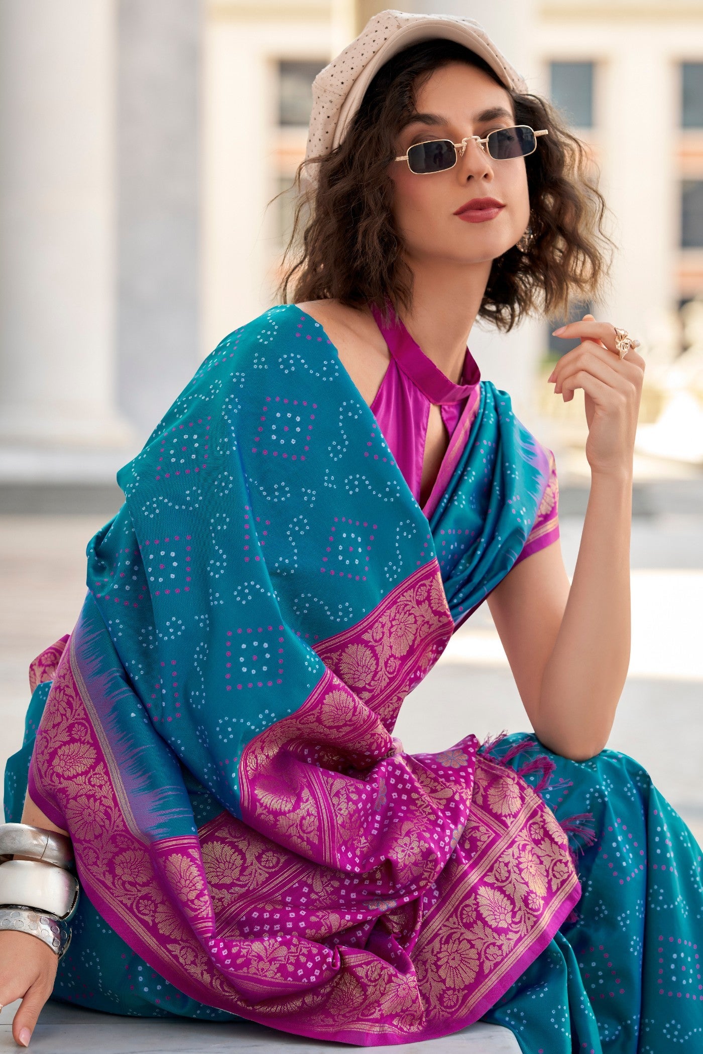 Chathams Blue Woven Banarasi Bandhani Soft Silk Saree