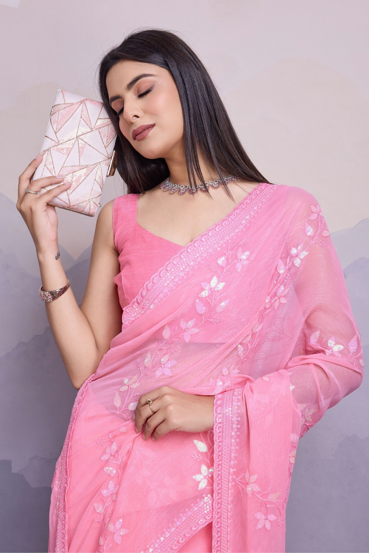 Creamy Pink Embroidered Designer Chiffon Saree