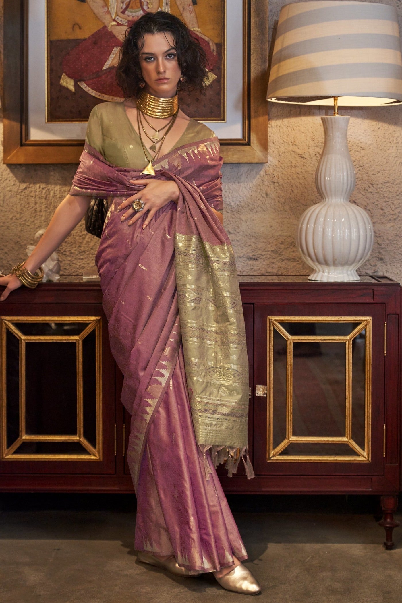 Spanish Rose Pink Woven Linen Saree