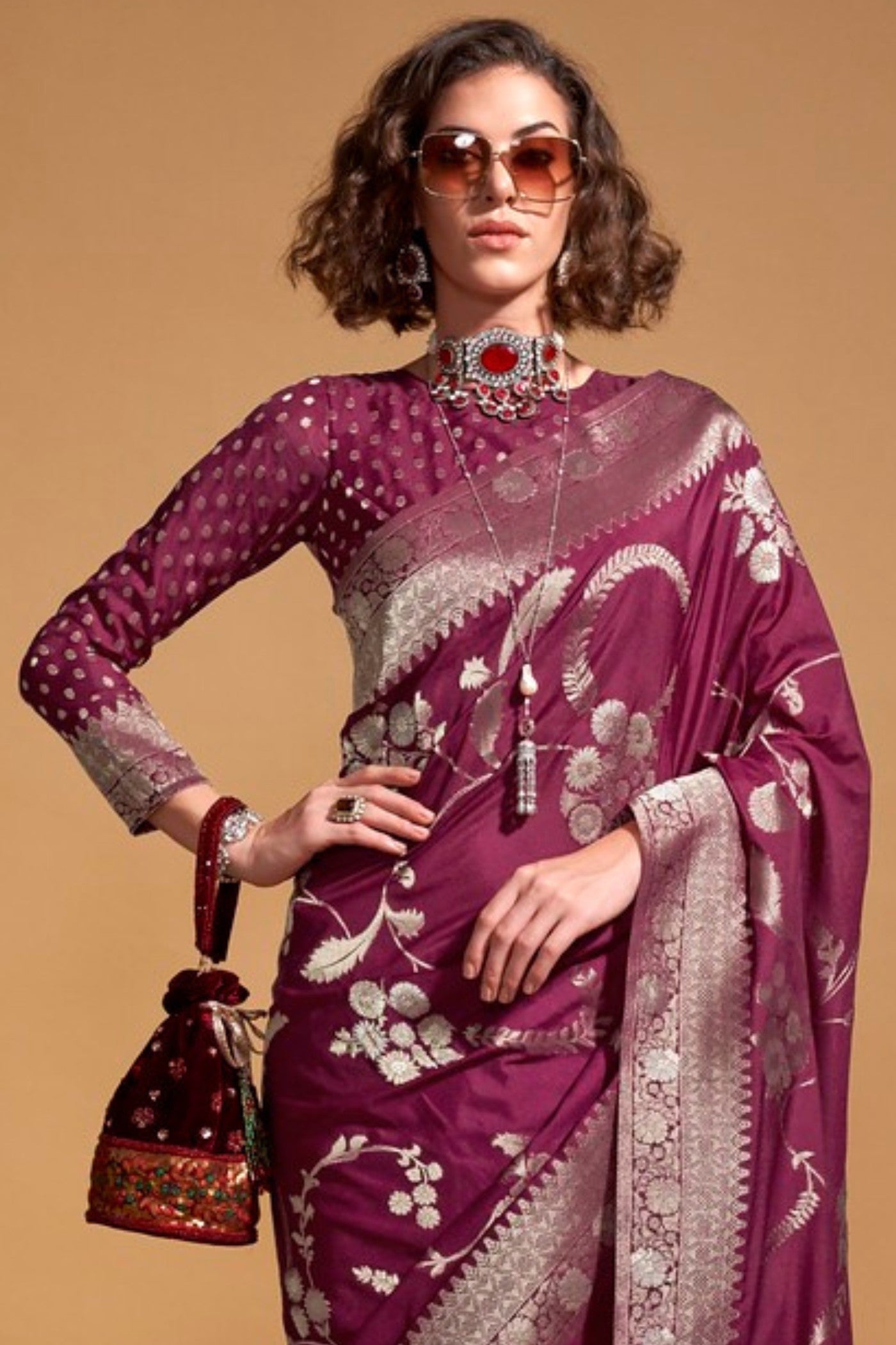 Camelot Purple Georgette Handloom Saree