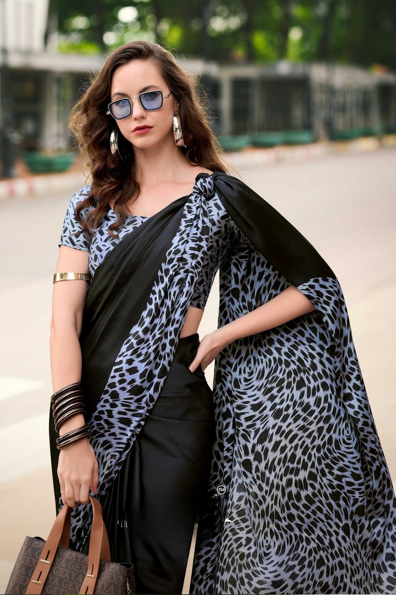 Soot Black Printed Satin Crepe Saree