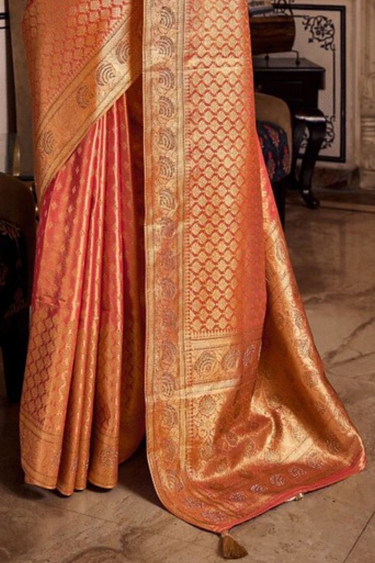 Cedar Chest Orange Zari Woven Banarasi Saree