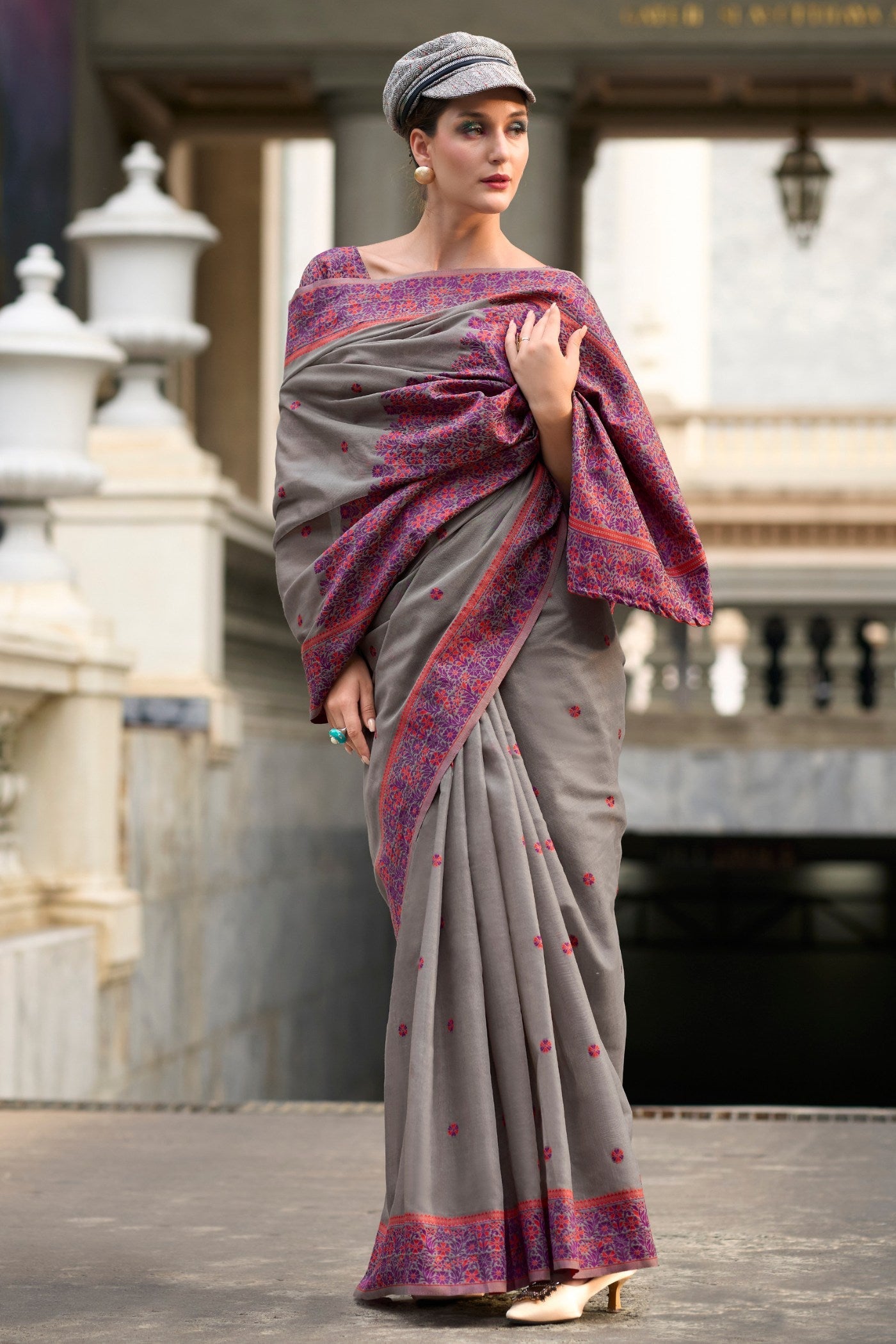 Smokey Grey Handloom Linen Cotton Saree