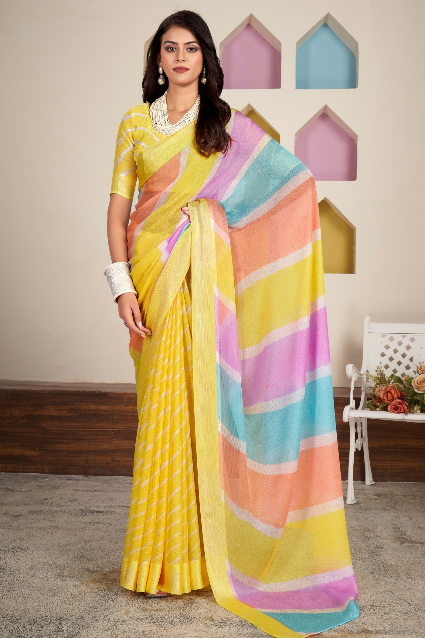 Sun Flower Yellow Printed Satin Silk Saree