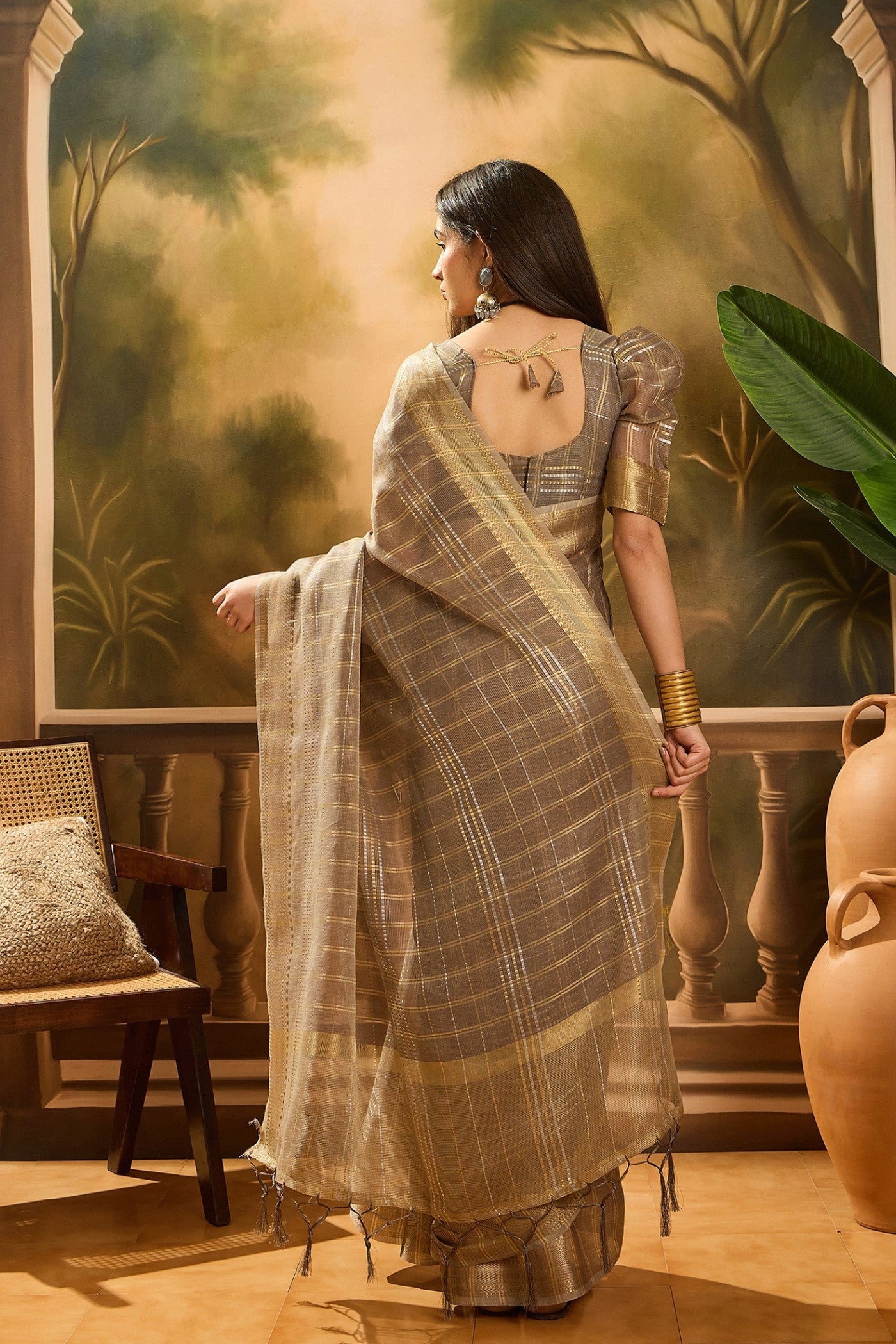 Walnut Brown Woven Organza Saree