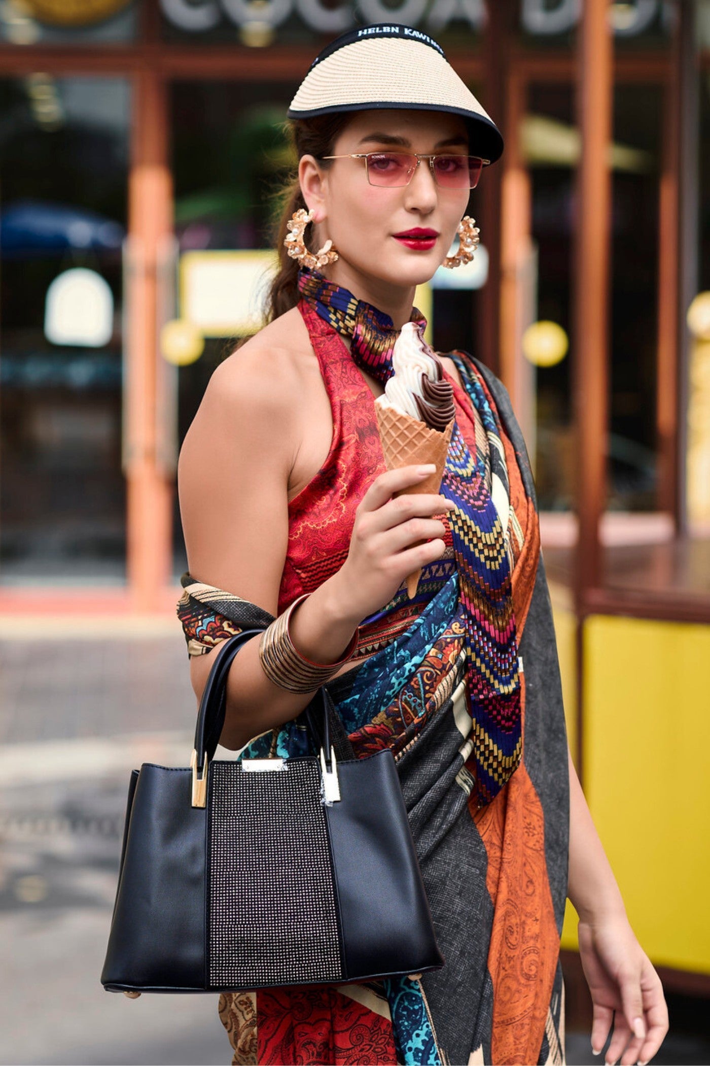 Brown and Black Printed Satin Crepe Silk Saree