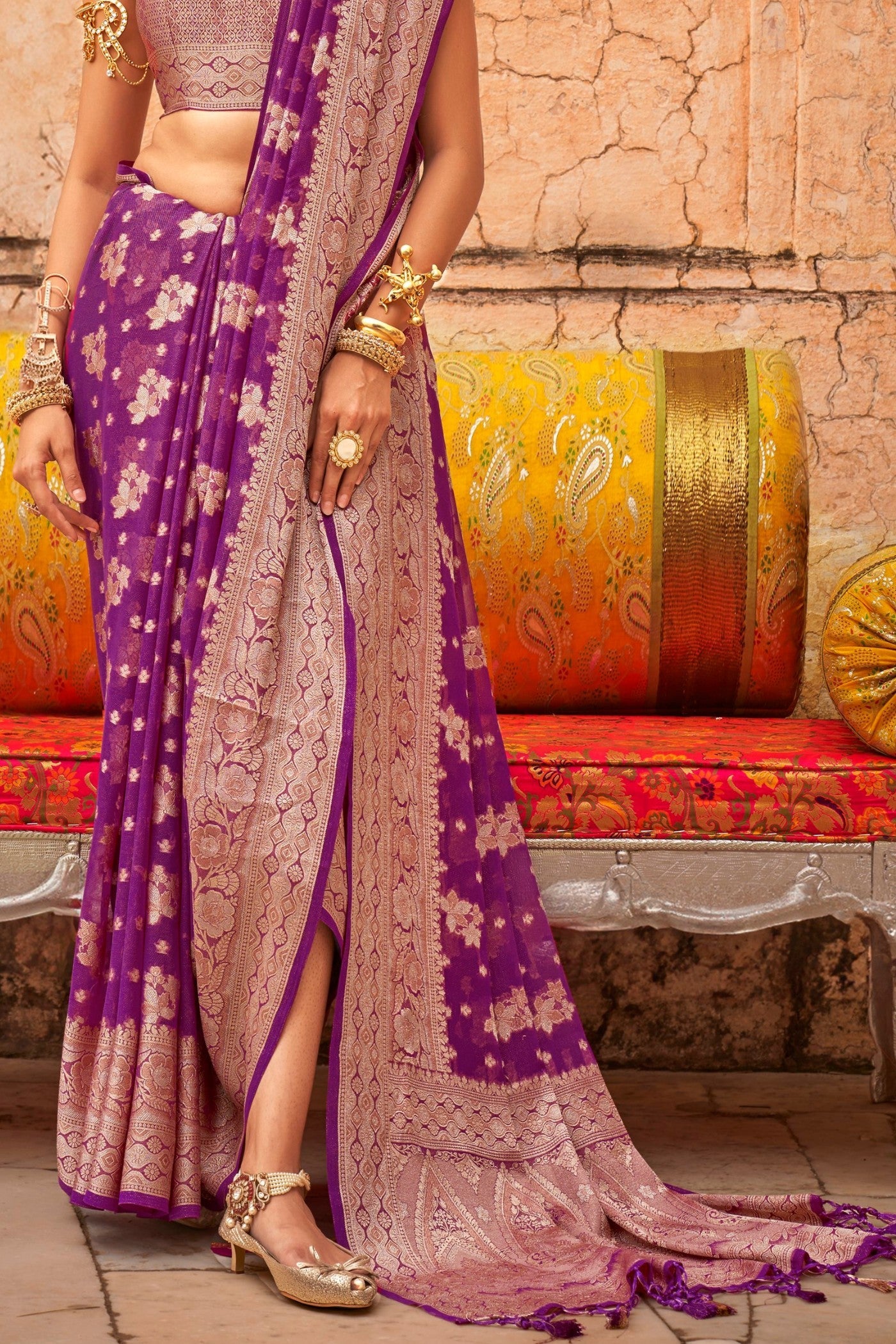 Roseberry Purple Zari Woven Georgette Saree