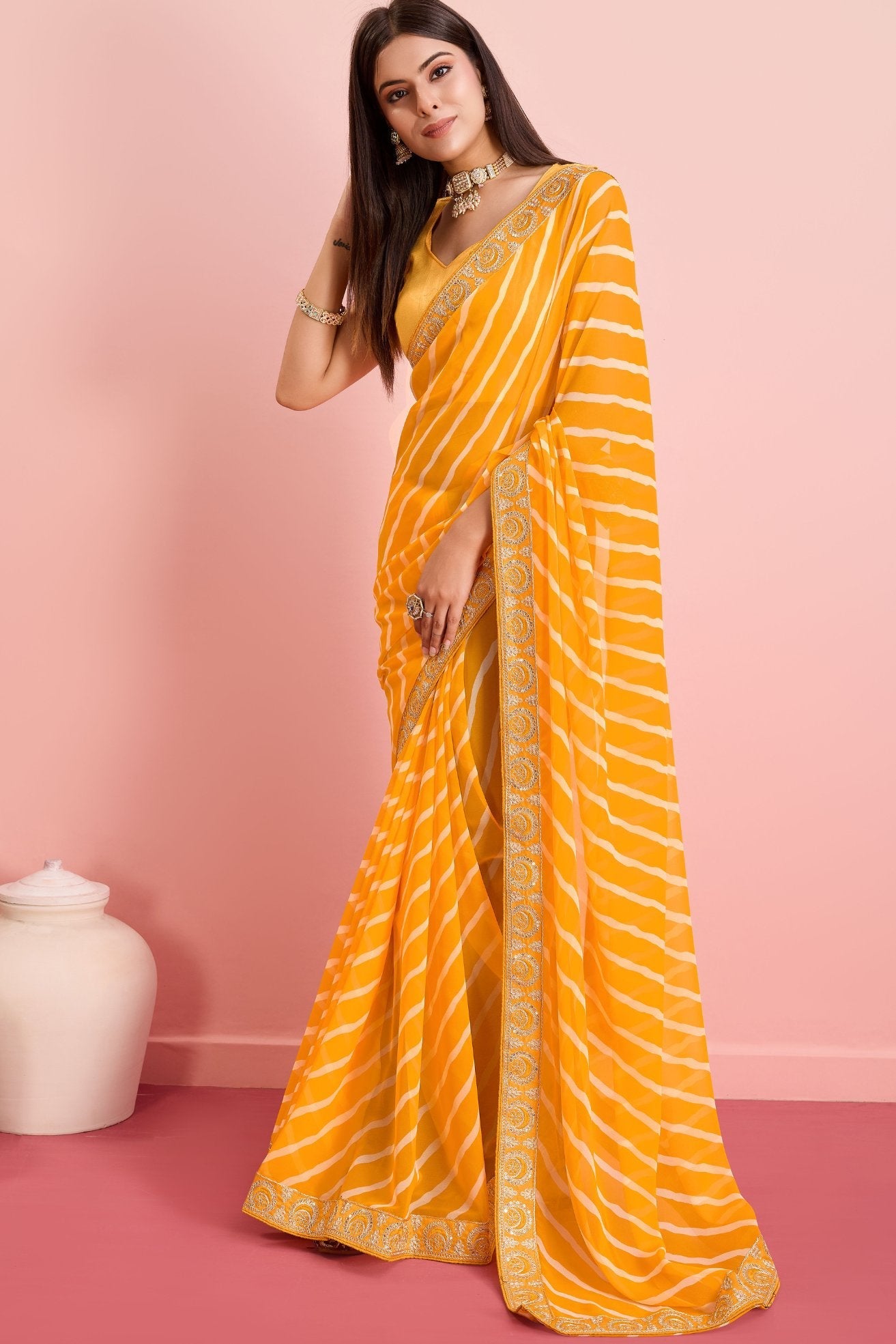 Picasso Yellow Georgette Lehriya Silk saree