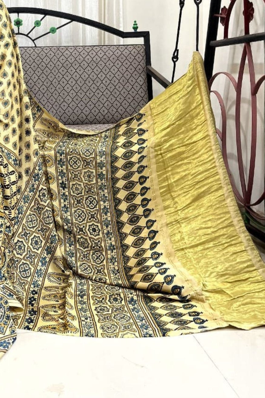 Laser Yellow Ajrakh Modal Handblock Printed Silk Saree