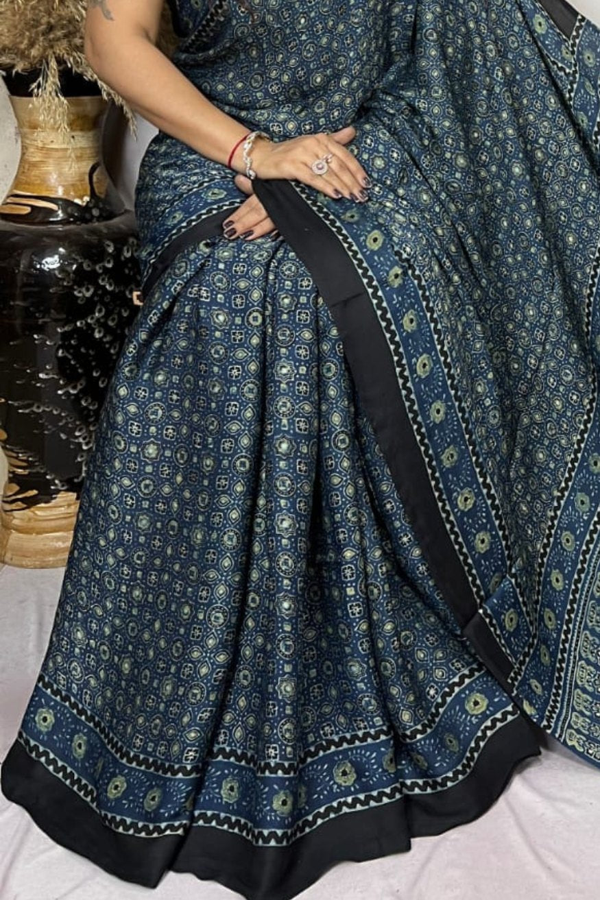 Pickled Bluewood Ajrakh Modal Handblock Printed Silk Saree