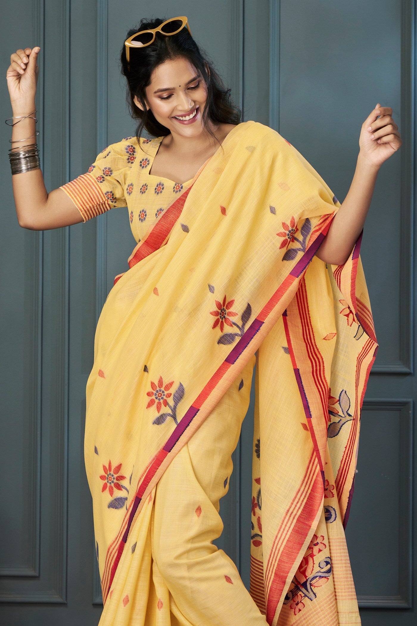 Sunset Pearl Yellow Handloom Linen Saree