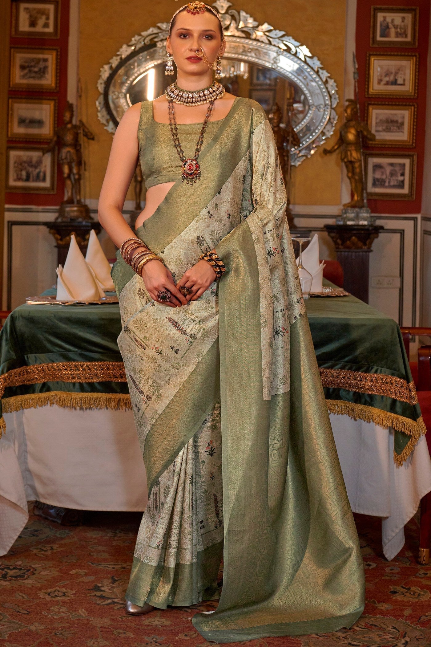 Carnation Green Banarasi Digital Printed Saree