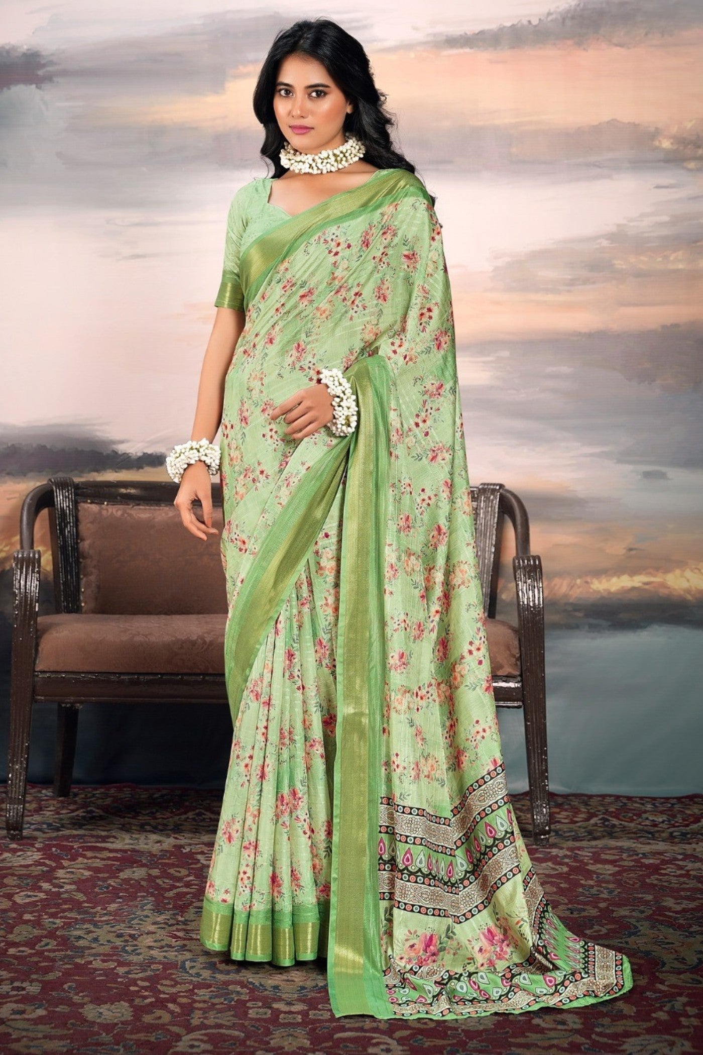 Gurkha Green Digital Printed Cotton Saree