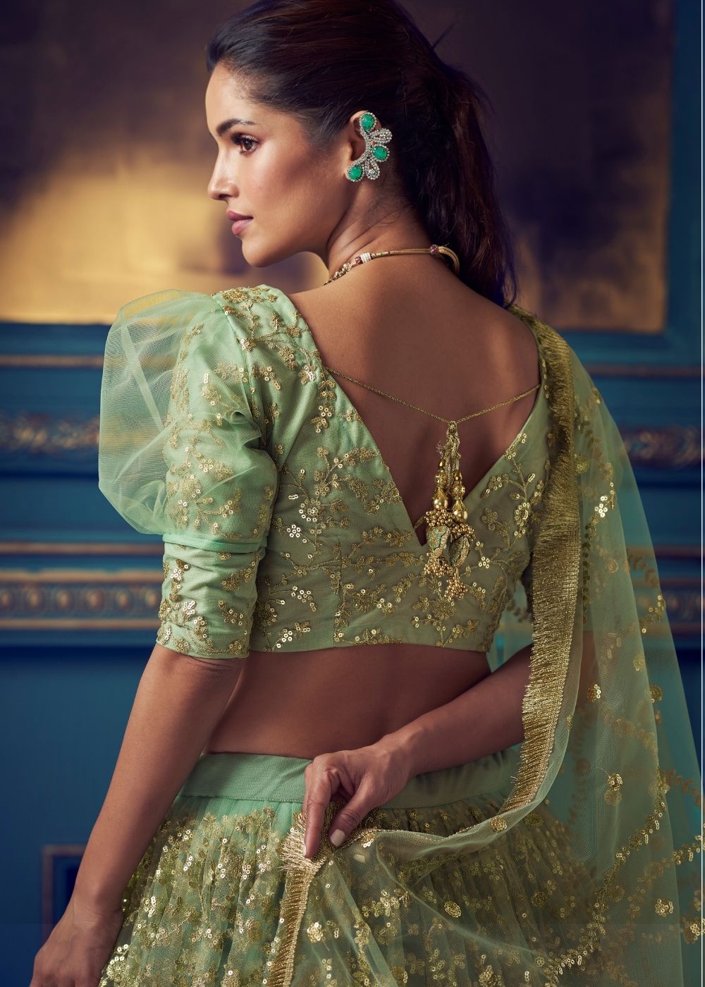 Sage Green Designer Soft Net Lehenga Choli