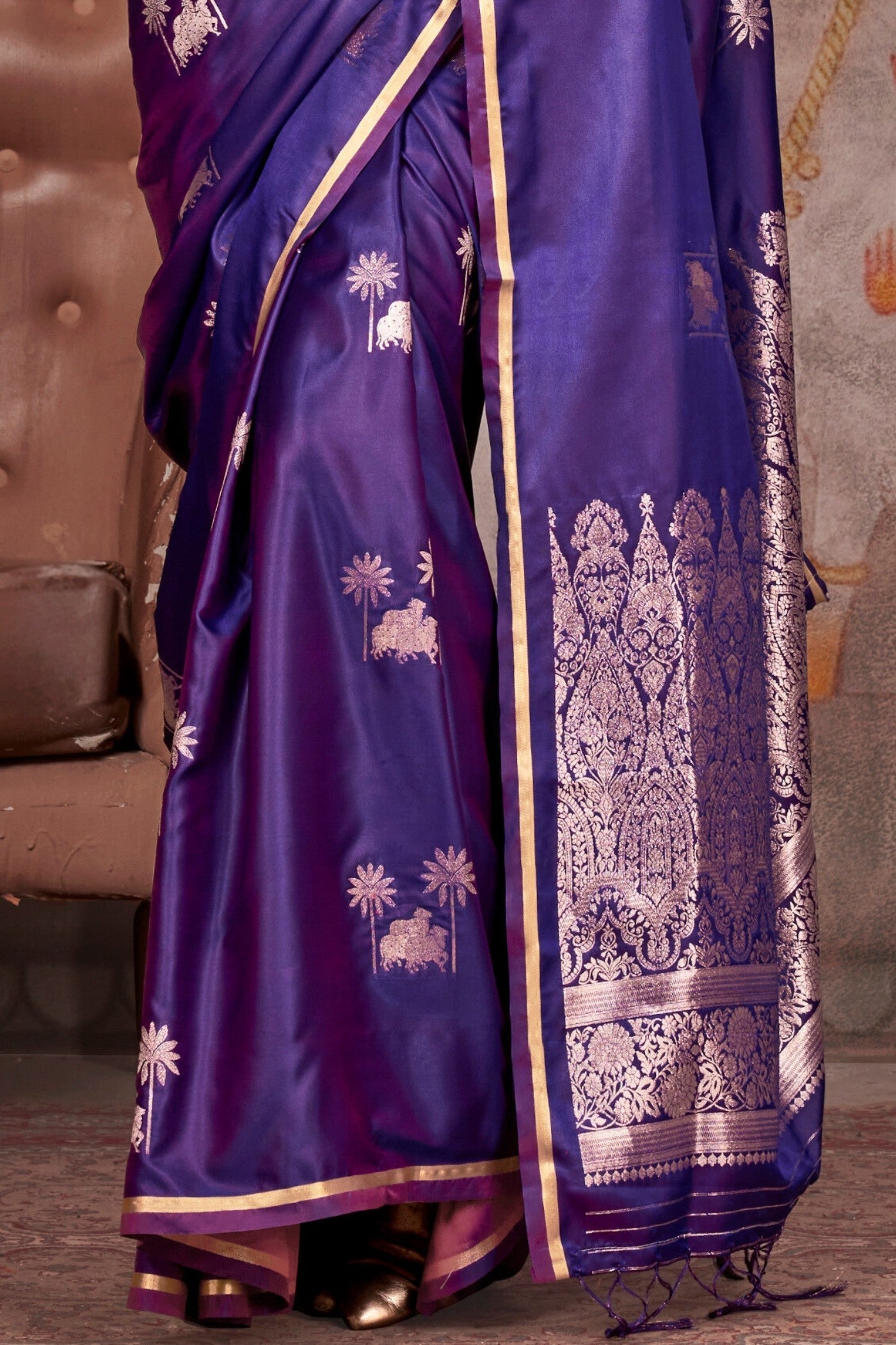 Violet Purple Banarasi Pichwai Satin Saree