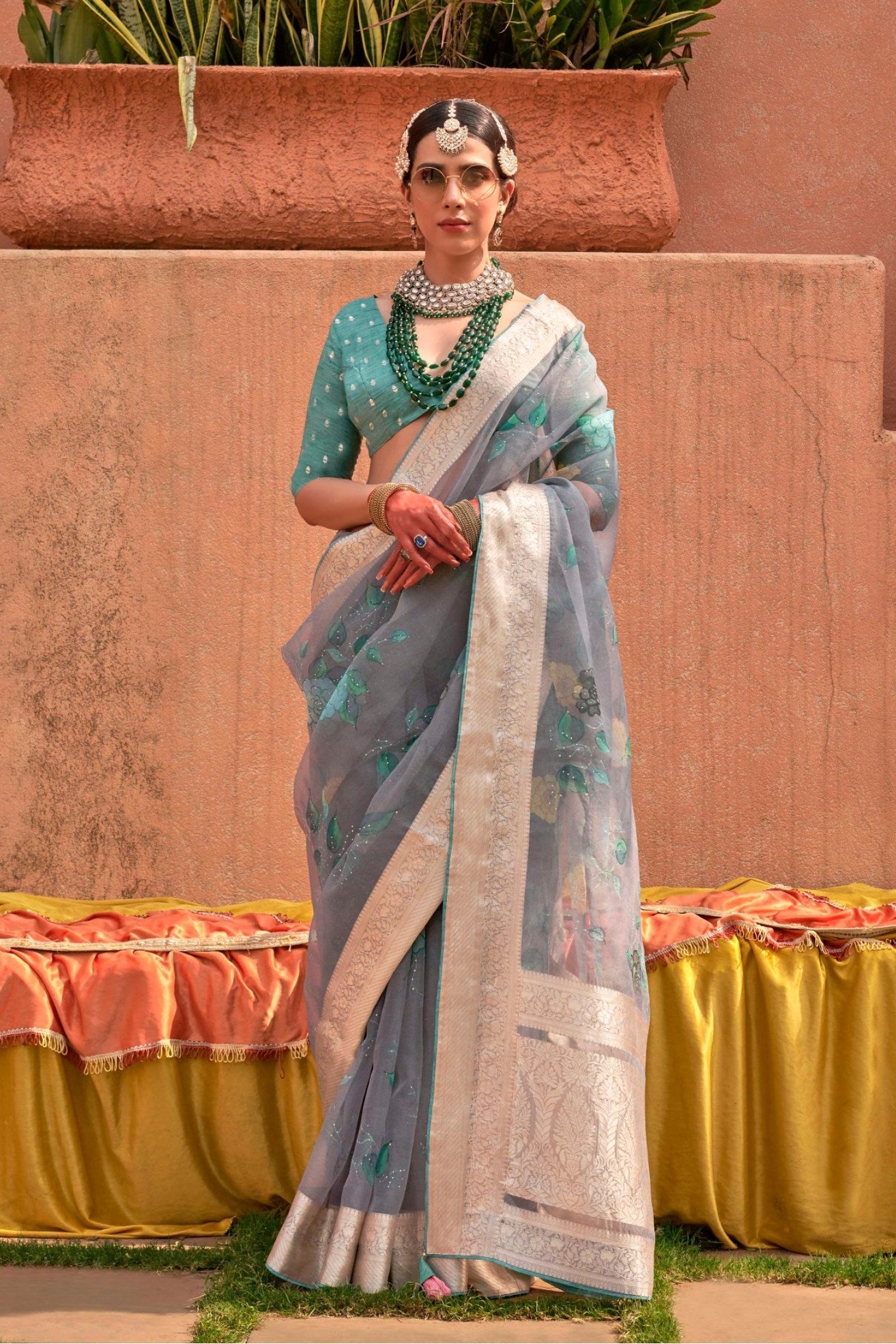 Smokey Grey Zari Woven Organza Saree