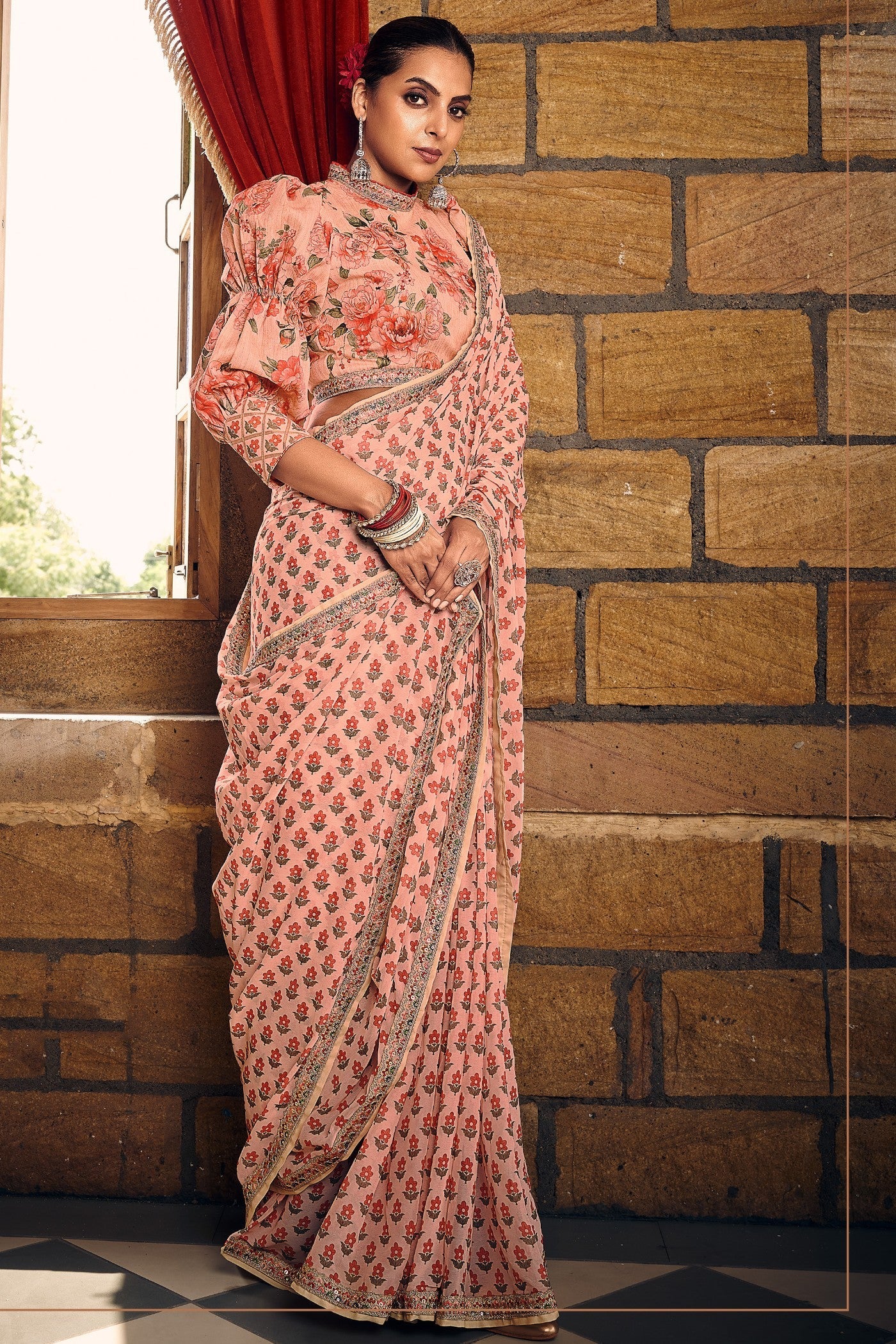 Plum Peach Georgette Digital Printed Saree