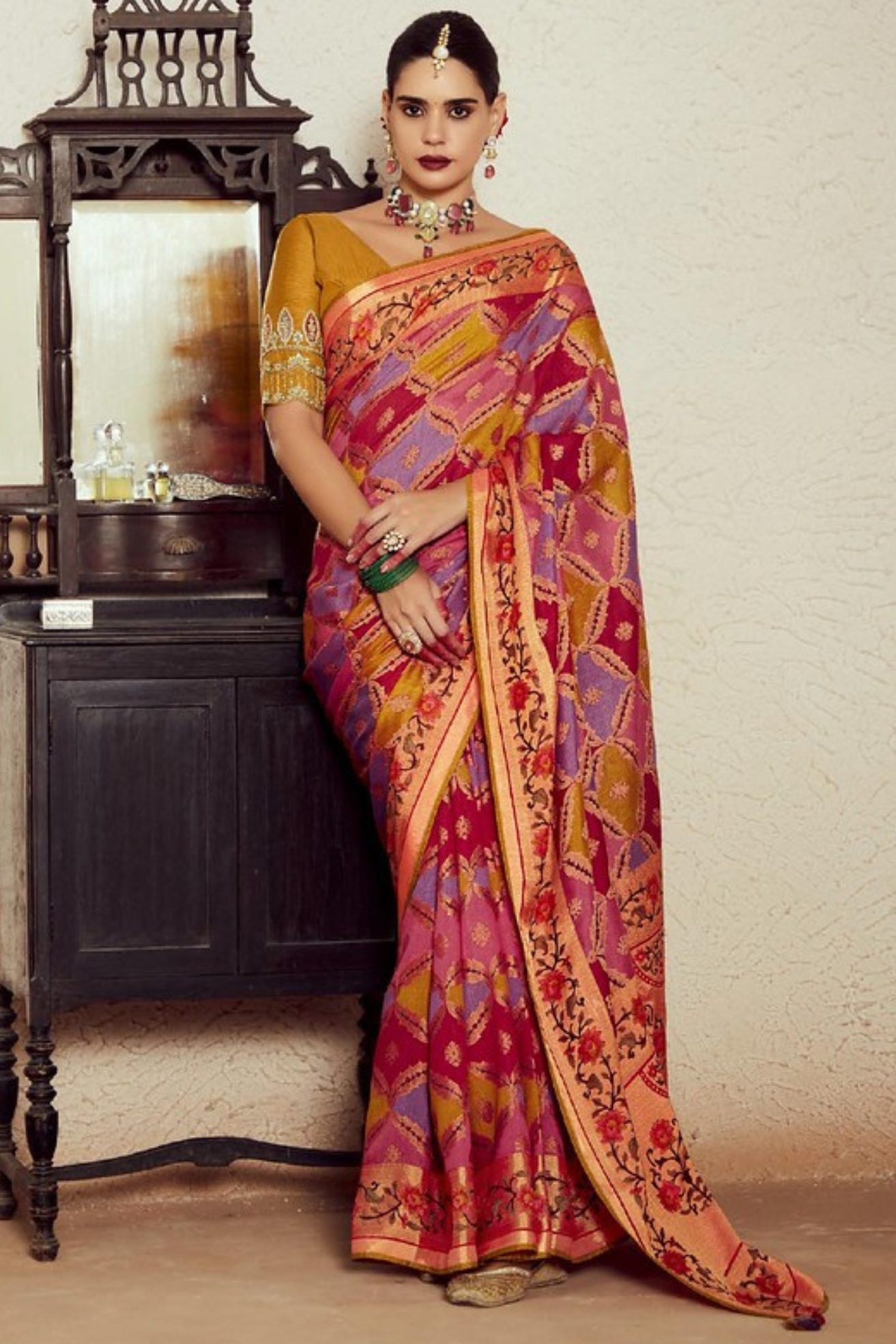 Multicolor Orange Printed Brasso Soft Silk Saree