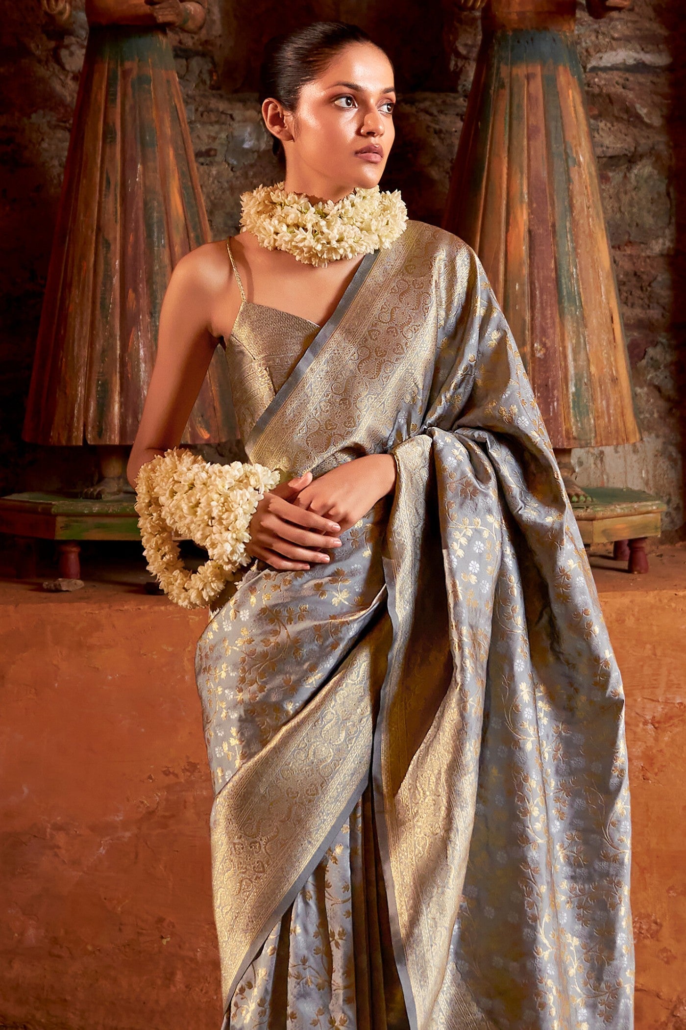 Squirrel Grey Woven Banarasi Saree