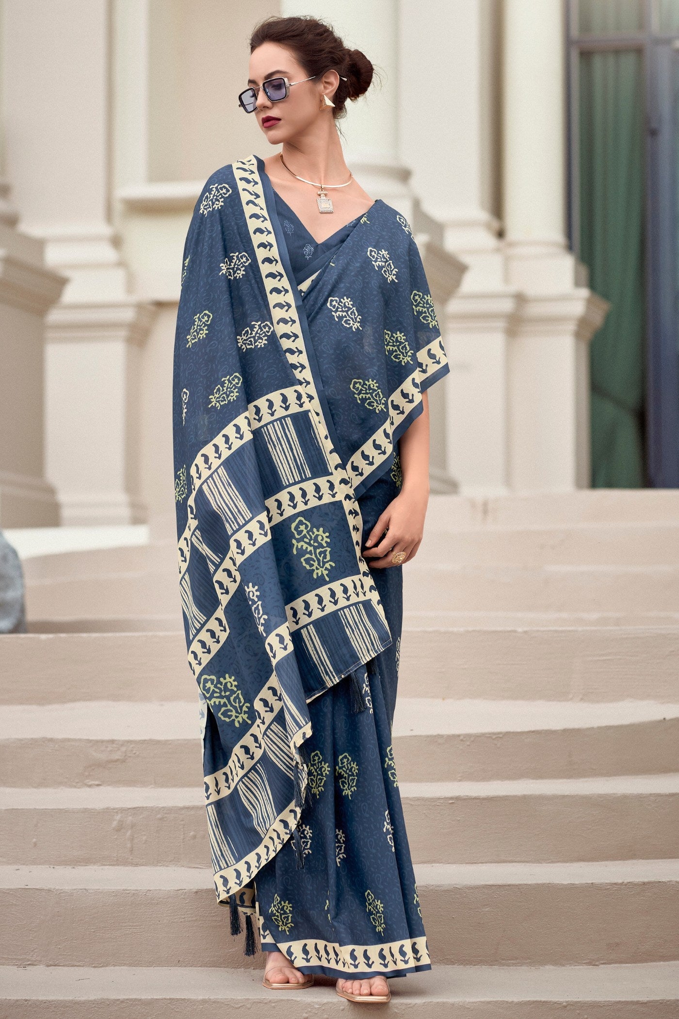 Fiord Blue Mul Mul Cotton Saree