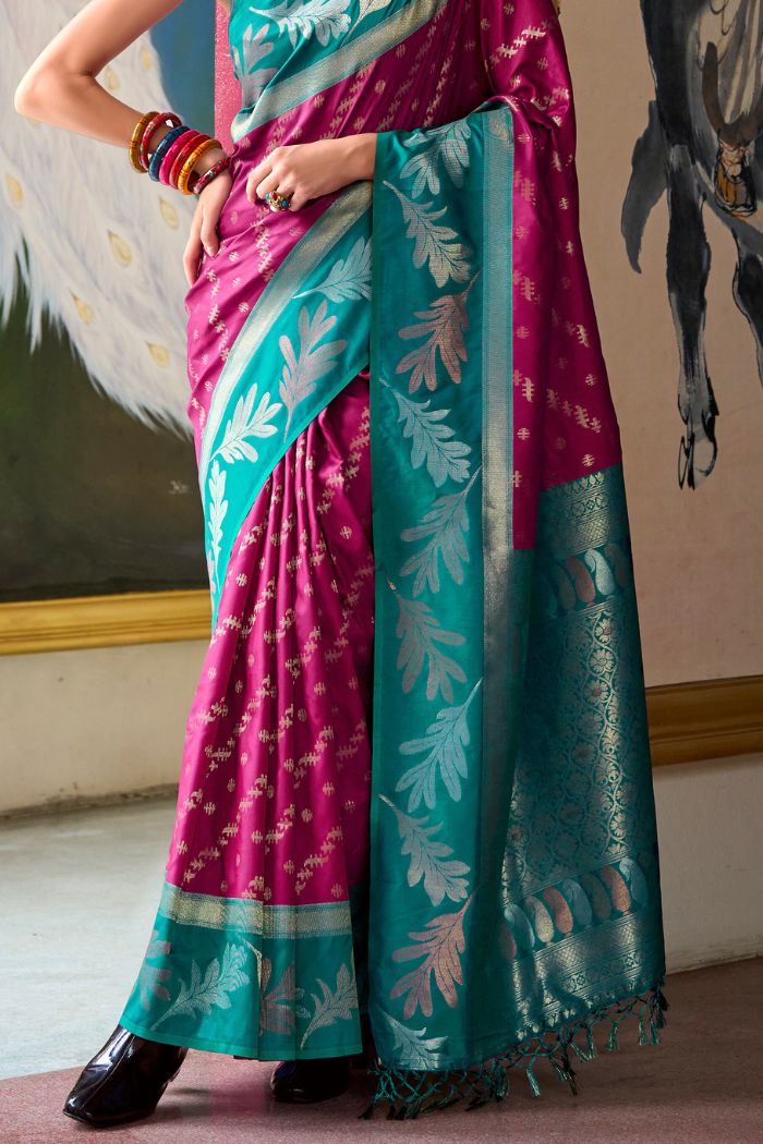 Rose Bud Cherry Purple and Green Banarasi Soft Silk Saree