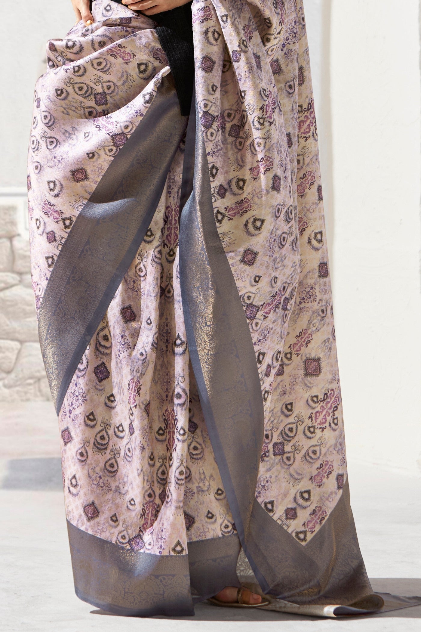 Hemp Cream and Grey Banarasi Digital Printed Saree