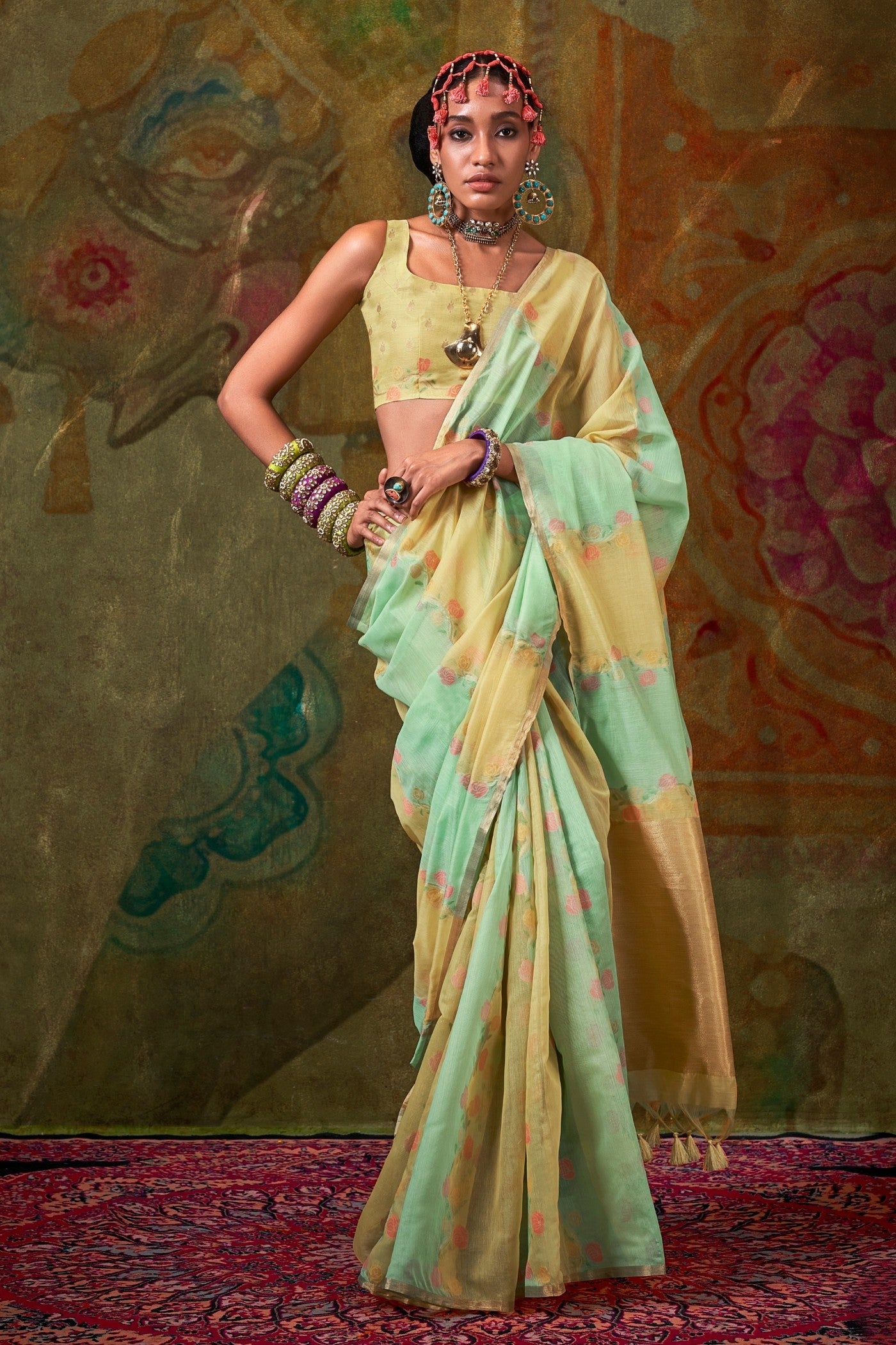 Hillary Green and Yellow Banarasi Handloom Saree